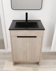 Close-up front view of freestanding 24 inch bathroom vanity featuring black ceramic sink and light oak doors, 24" | Ace Decor