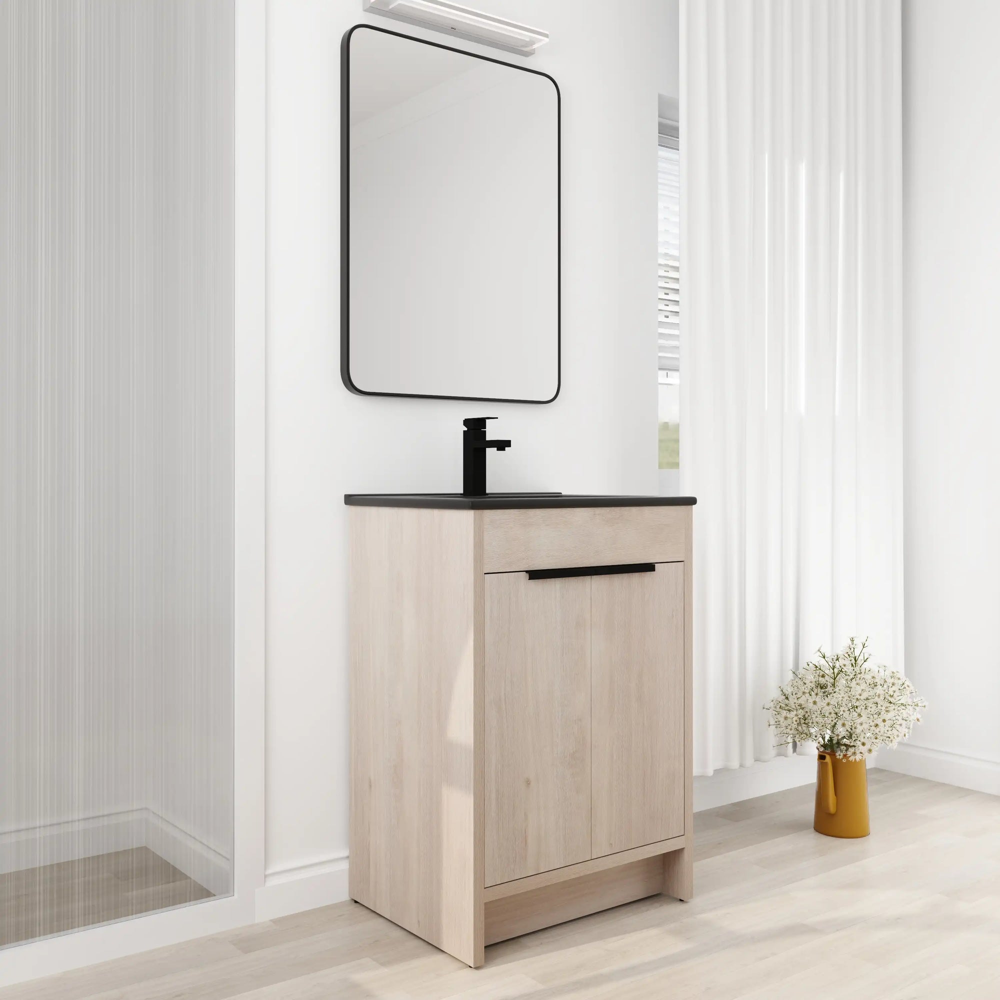 Freestanding 24 inch bathroom vanity with black sink in light oak finish, 24" modern bathroom setting | Ace Decor