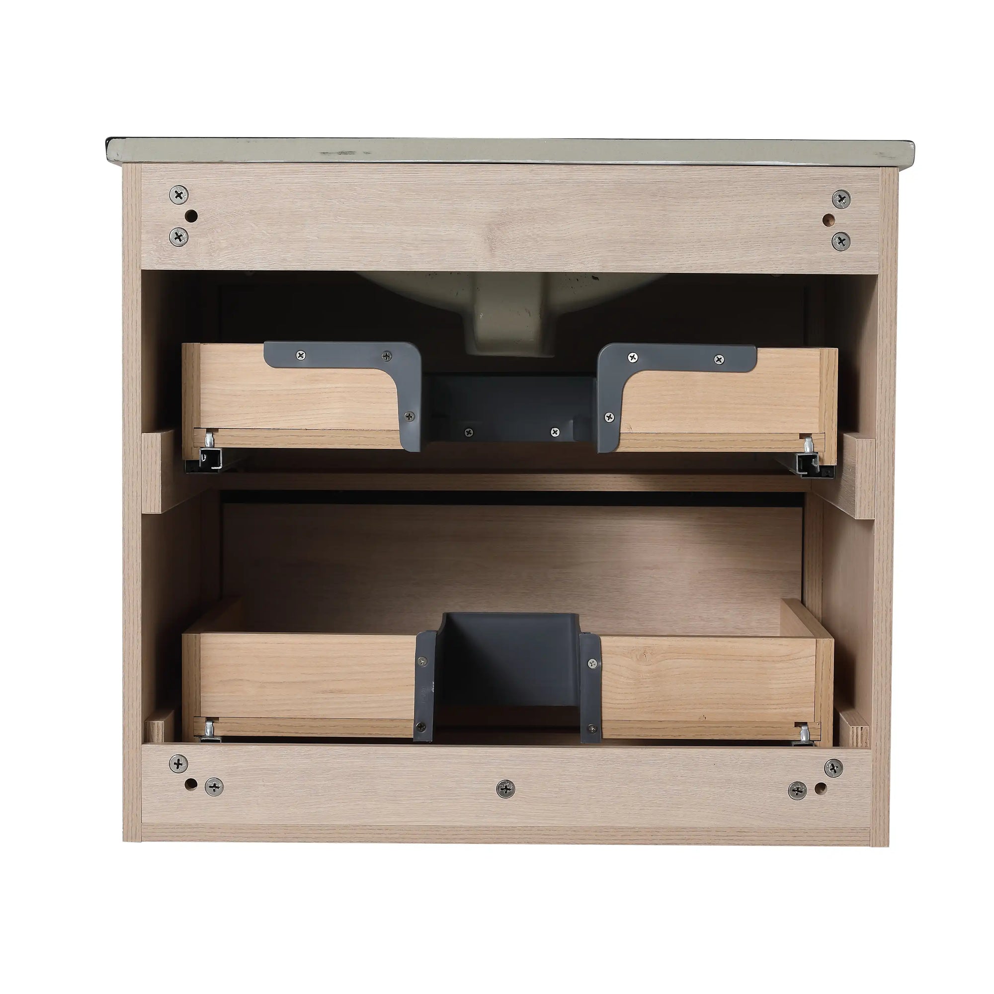 24" wall mounted bathroom vanity interior view with double drawer storage layout | Ace Decor