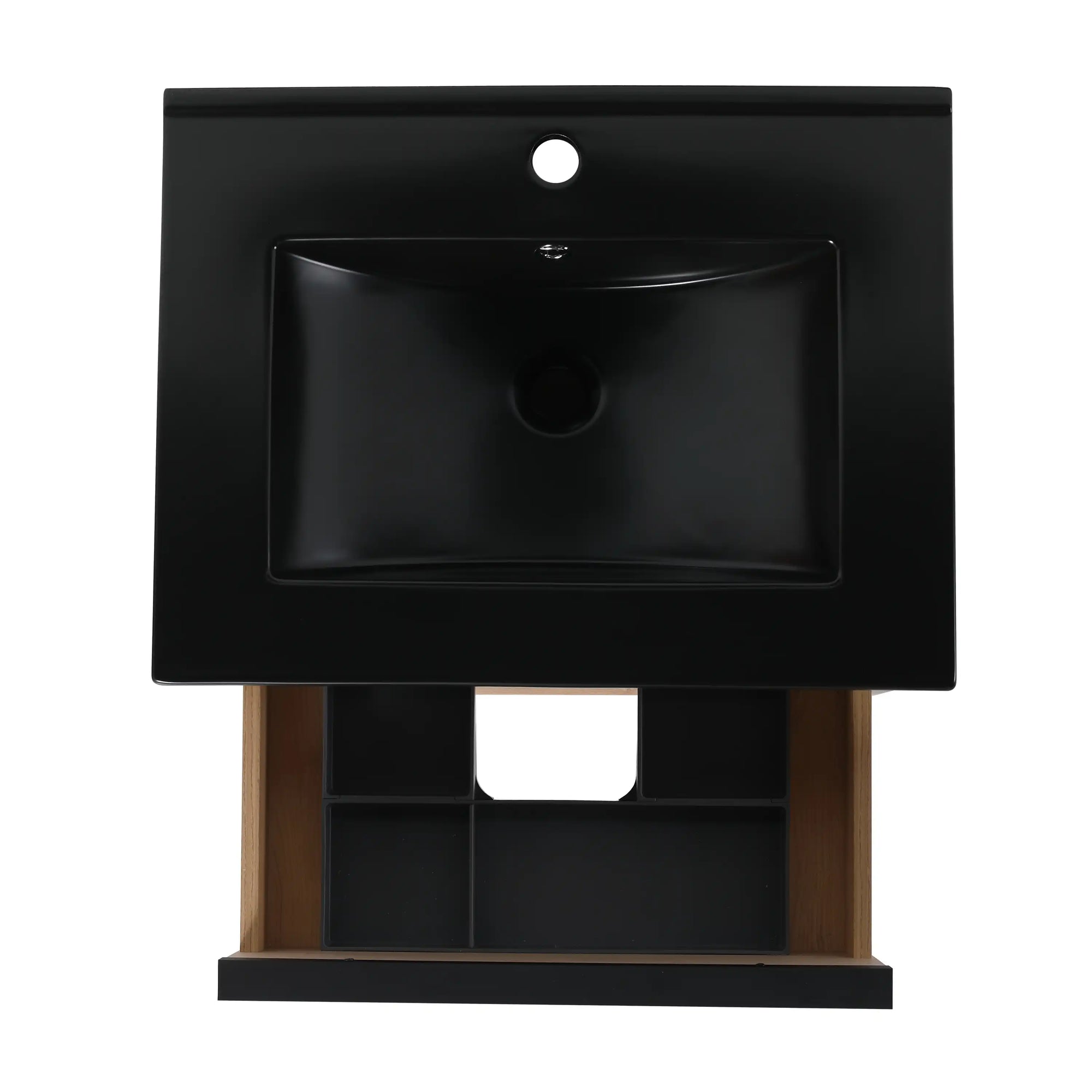 24" wall mounted bathroom vanity black ceramic sink top view with storage base | Ace Decor