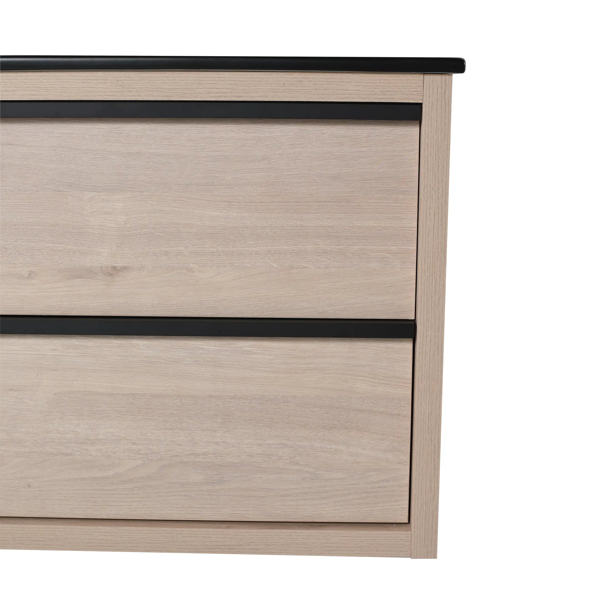 24" wall mounted bathroom vanity drawer front detail in light oak with black trim | Ace Decor