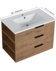 30" oak bathroom vanity dimensions diagram with integrated sink and drawers | Ace Decor