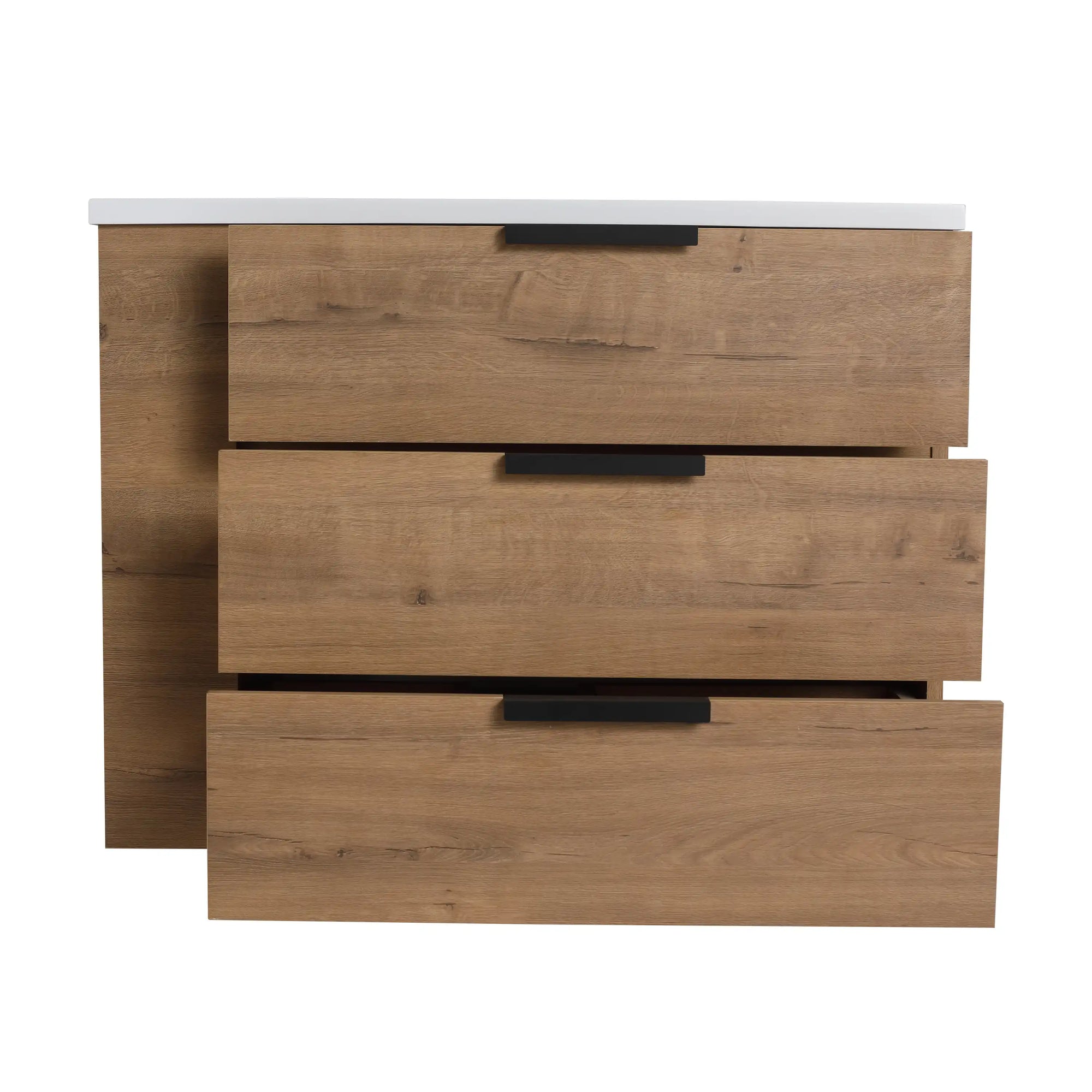 30" oak bathroom vanity with three drawers, front view wall-mounted design | Ace Decor