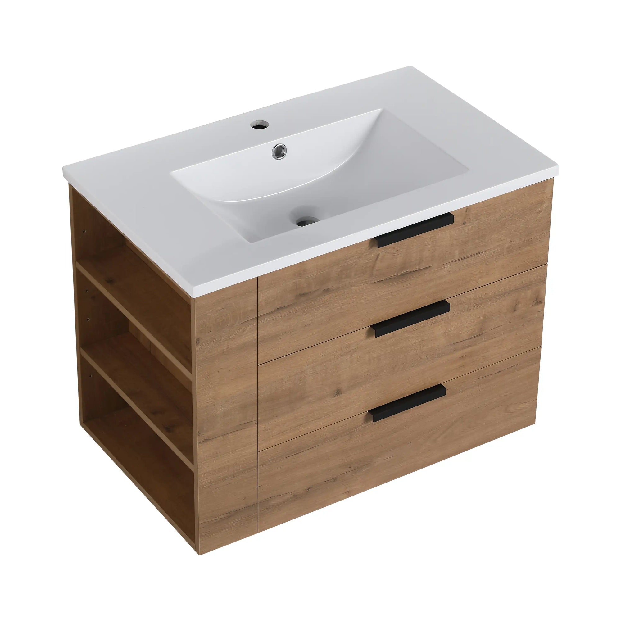 30" oak bathroom vanity with integrated white sink and side shelves, front angle view | Ace Decor
