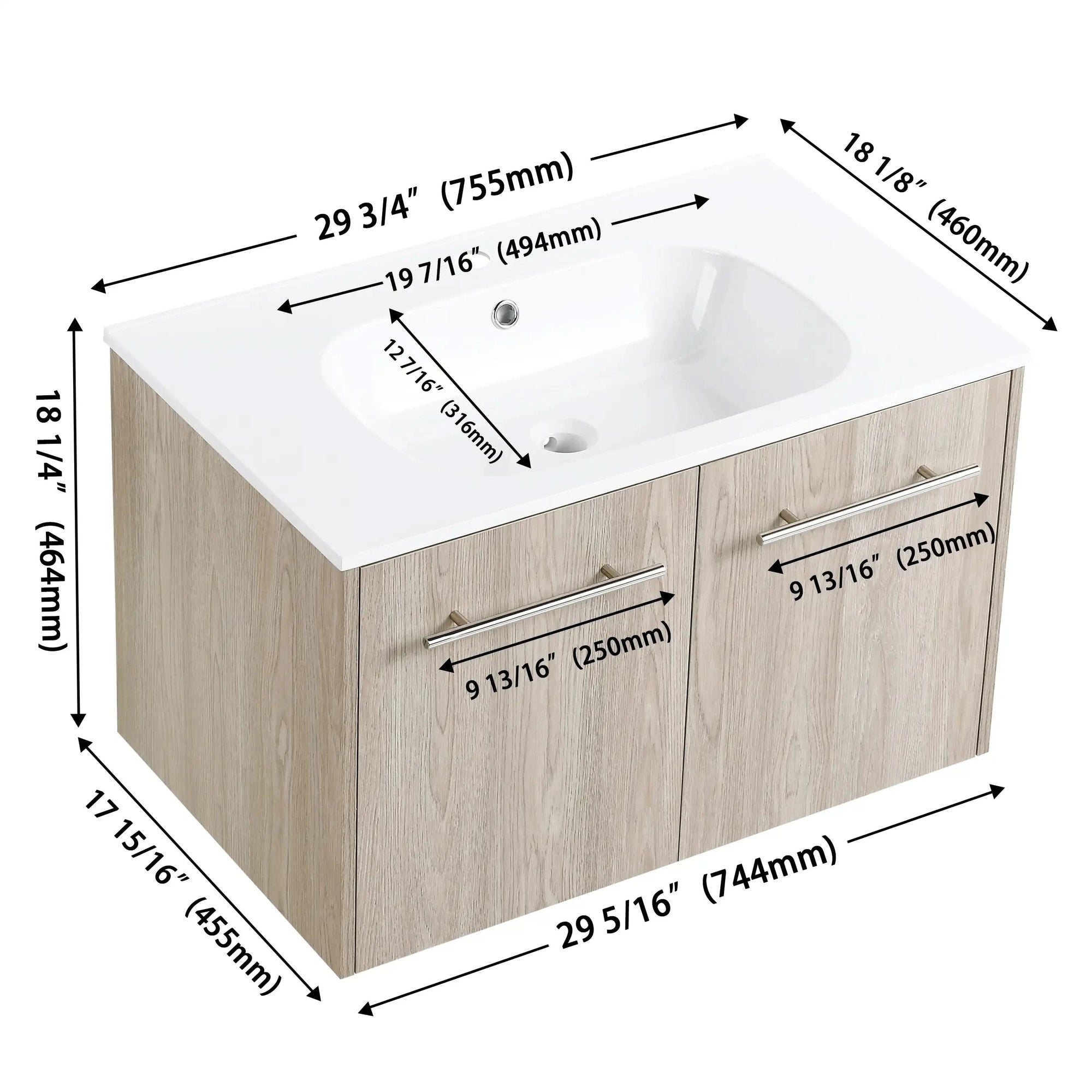 Modern Gel Sink Vanity with Metal Handles, Soft-Close Hinges, and Ample Storage Space color: White Oak