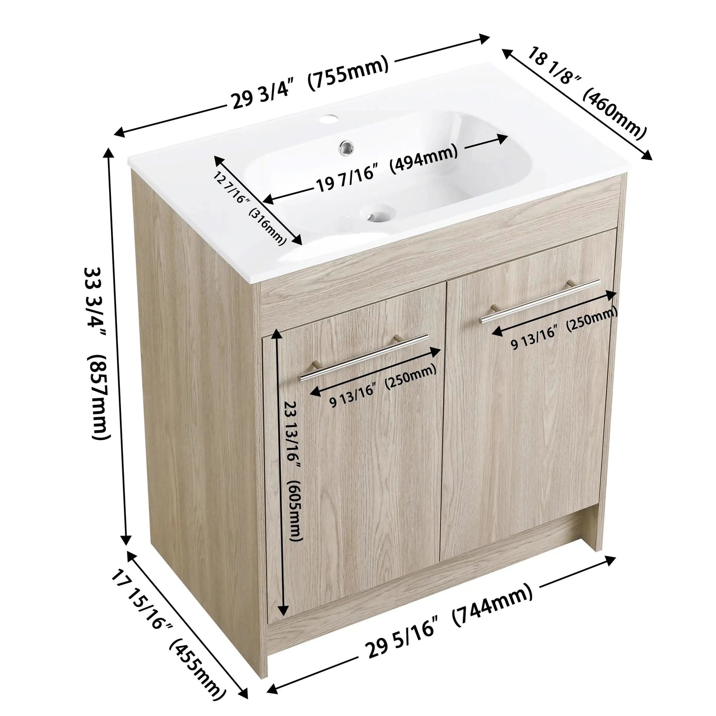 Modern Gel Sink Vanity with Metal Handles, Soft-Close Hinges, and Ample Storage Space color: White Oak