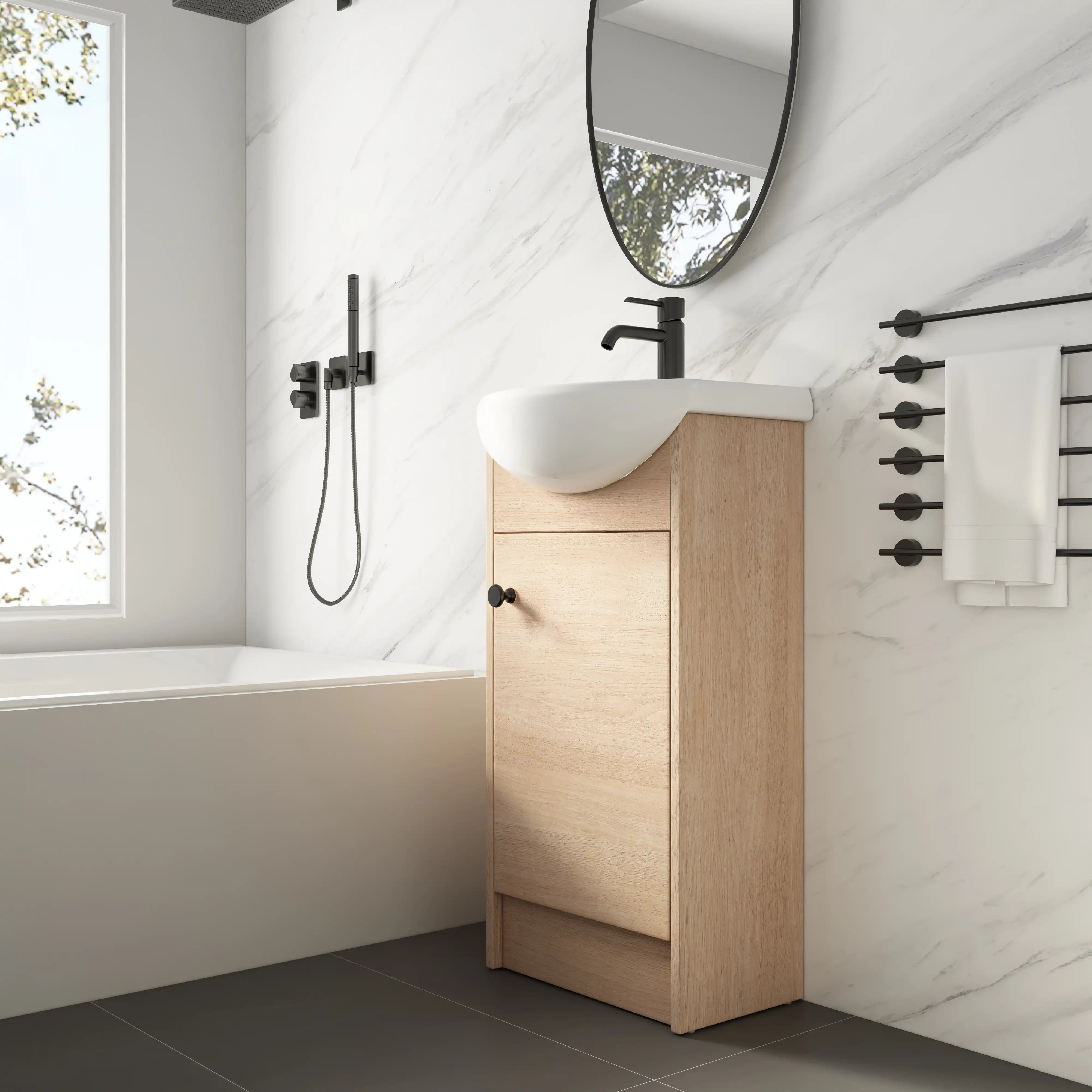 18" bathroom vanity with bowl sink shown in modern bathtub bathroom setting.