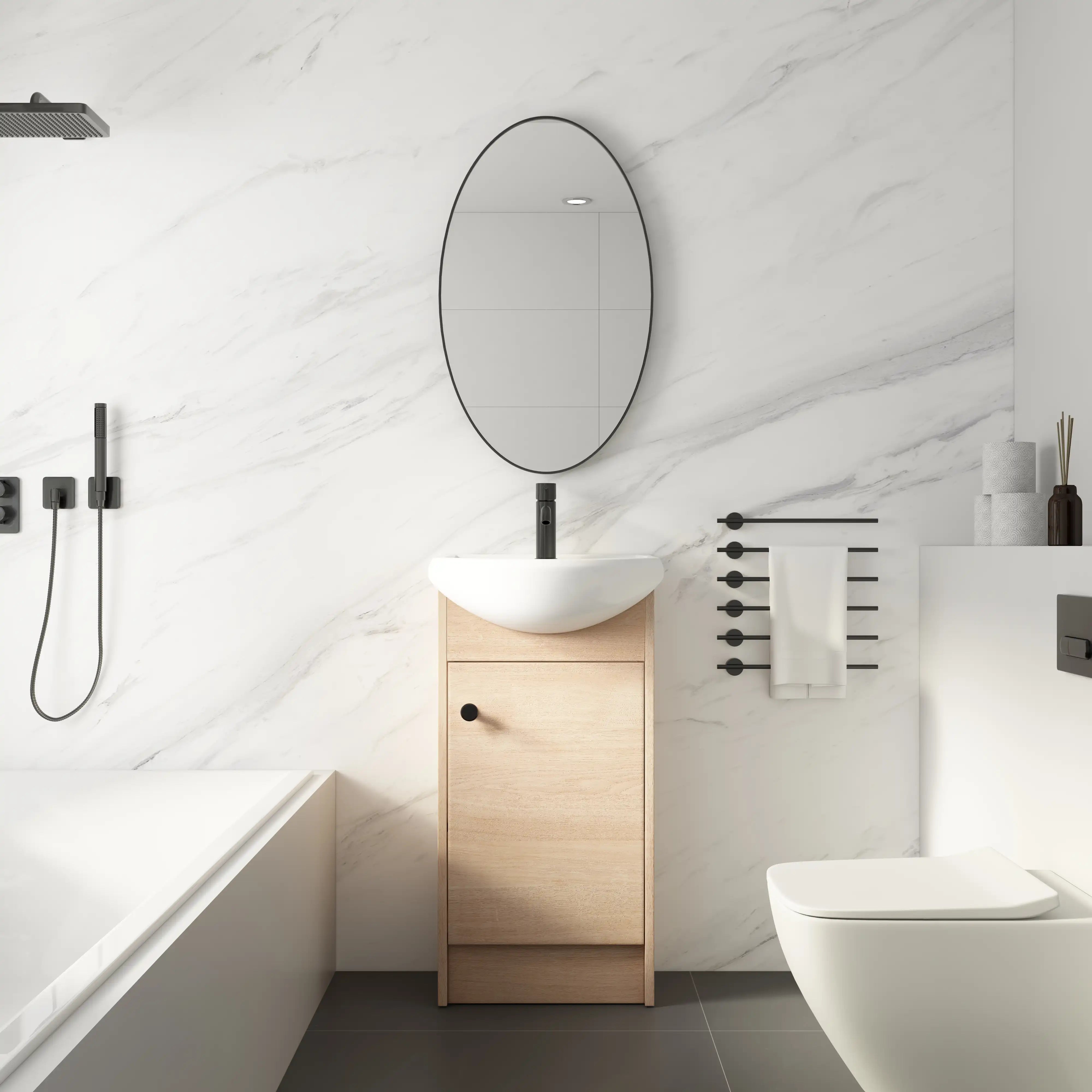 18" bathroom vanity with bowl sink mounted in a modern bathroom with alcove tub and toilet.