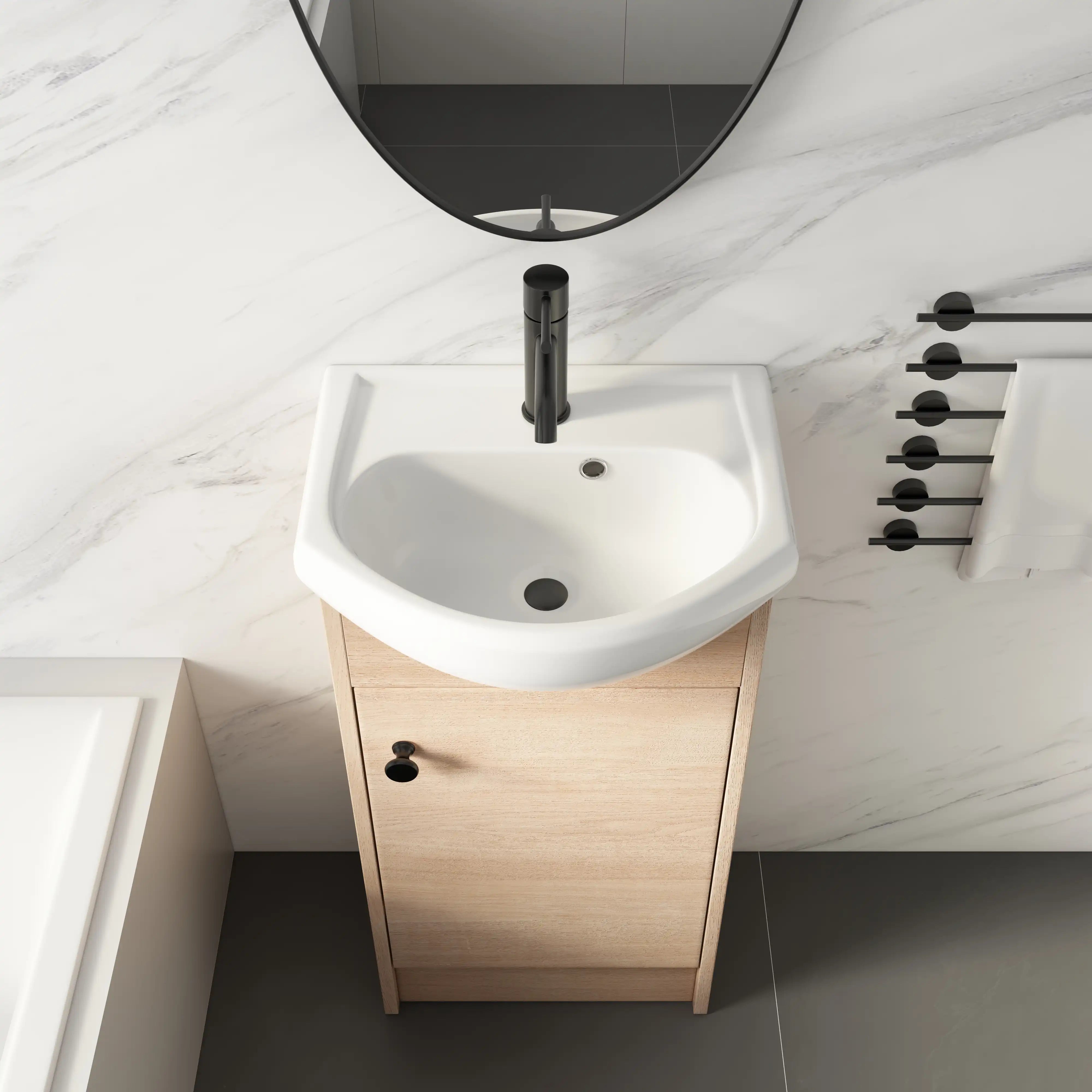 18" bathroom vanity with bowl sink top view highlighting curved ceramic basin.