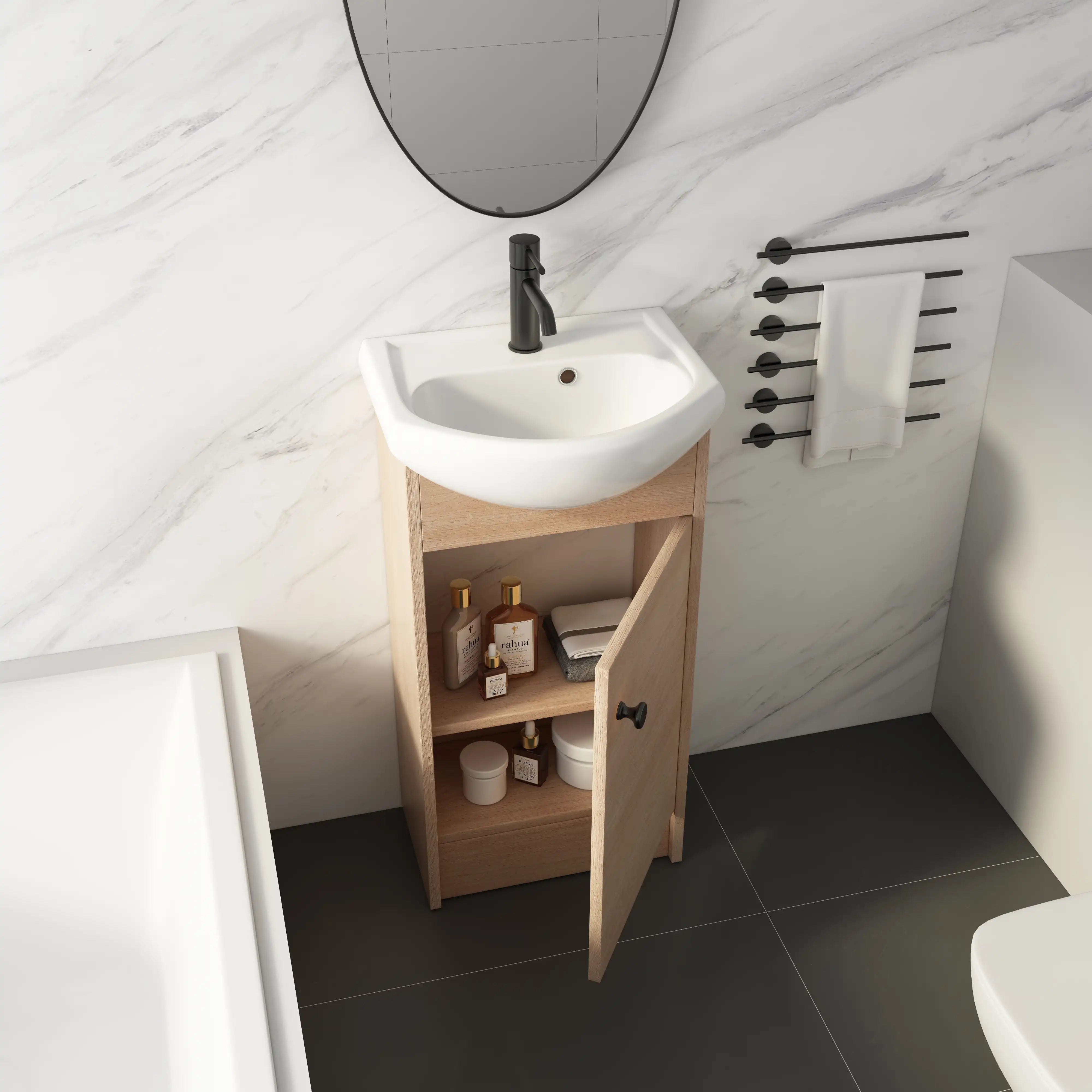 18" bathroom vanity with bowl sink with open door.