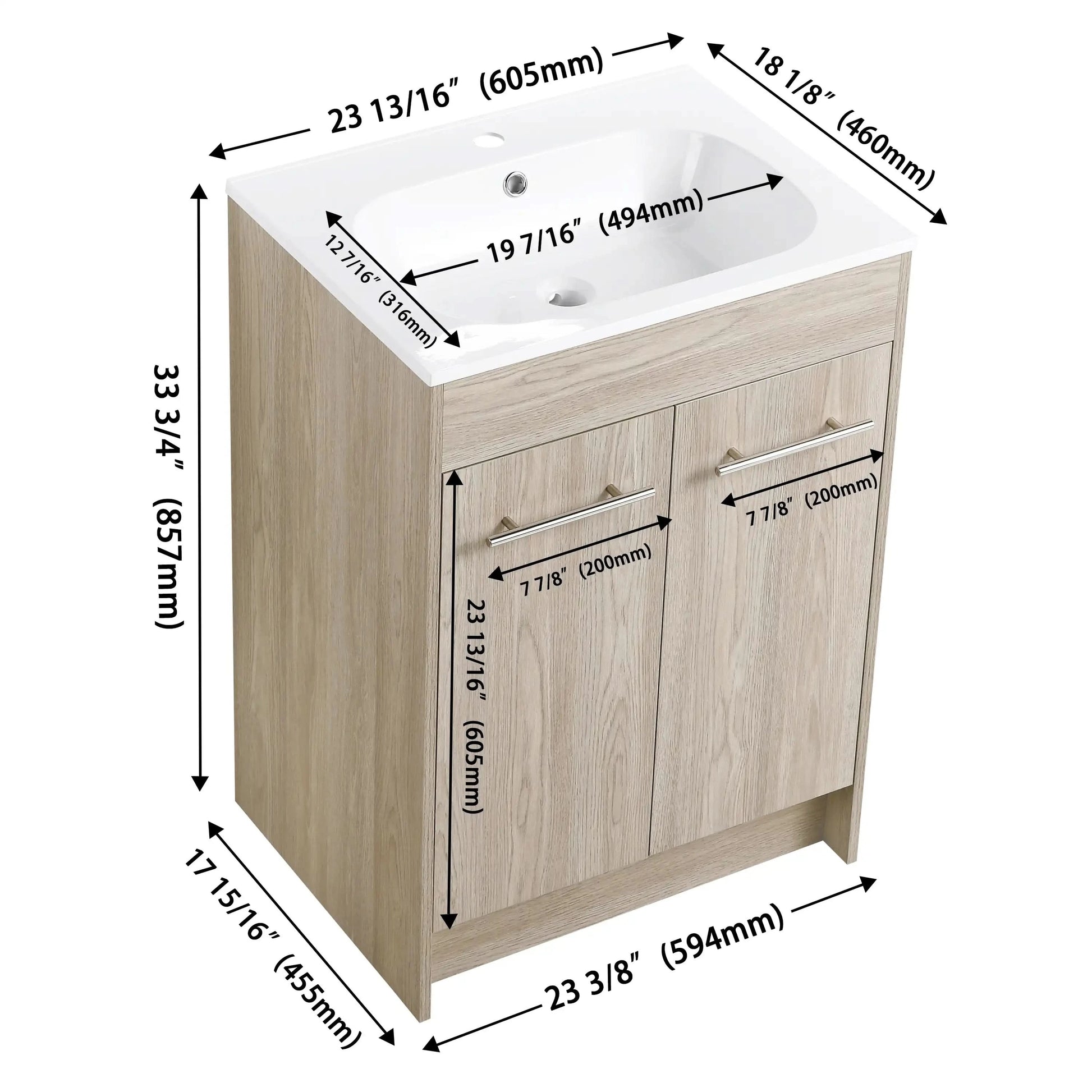 Modern Gel Sink Vanity with Metal Handles, Soft-Close Hinges, and Ample Storage Space color: White Oak