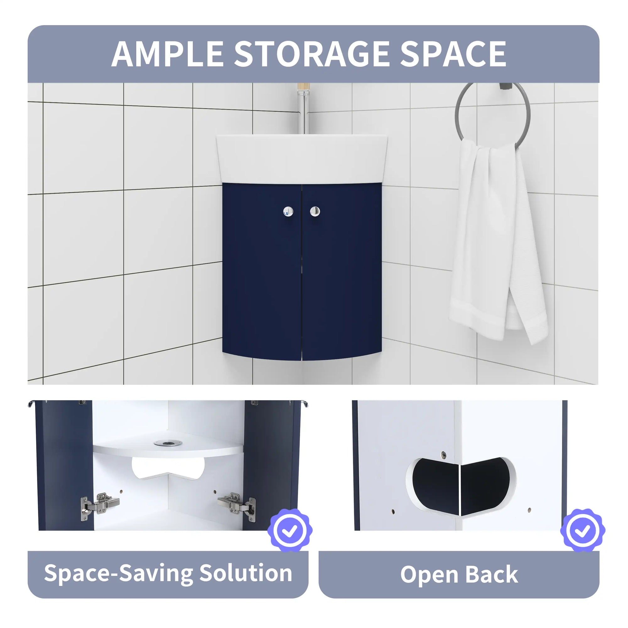 12.8" space-saving corner vanities for bathrooms with open back design and ample storage | Ace Decor