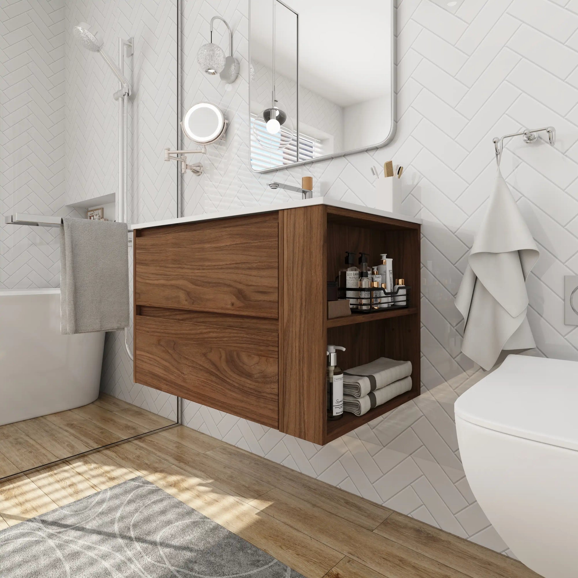 30" bathroom vanities brown modern floating vanity with drawers and side shelving | Ace Decor