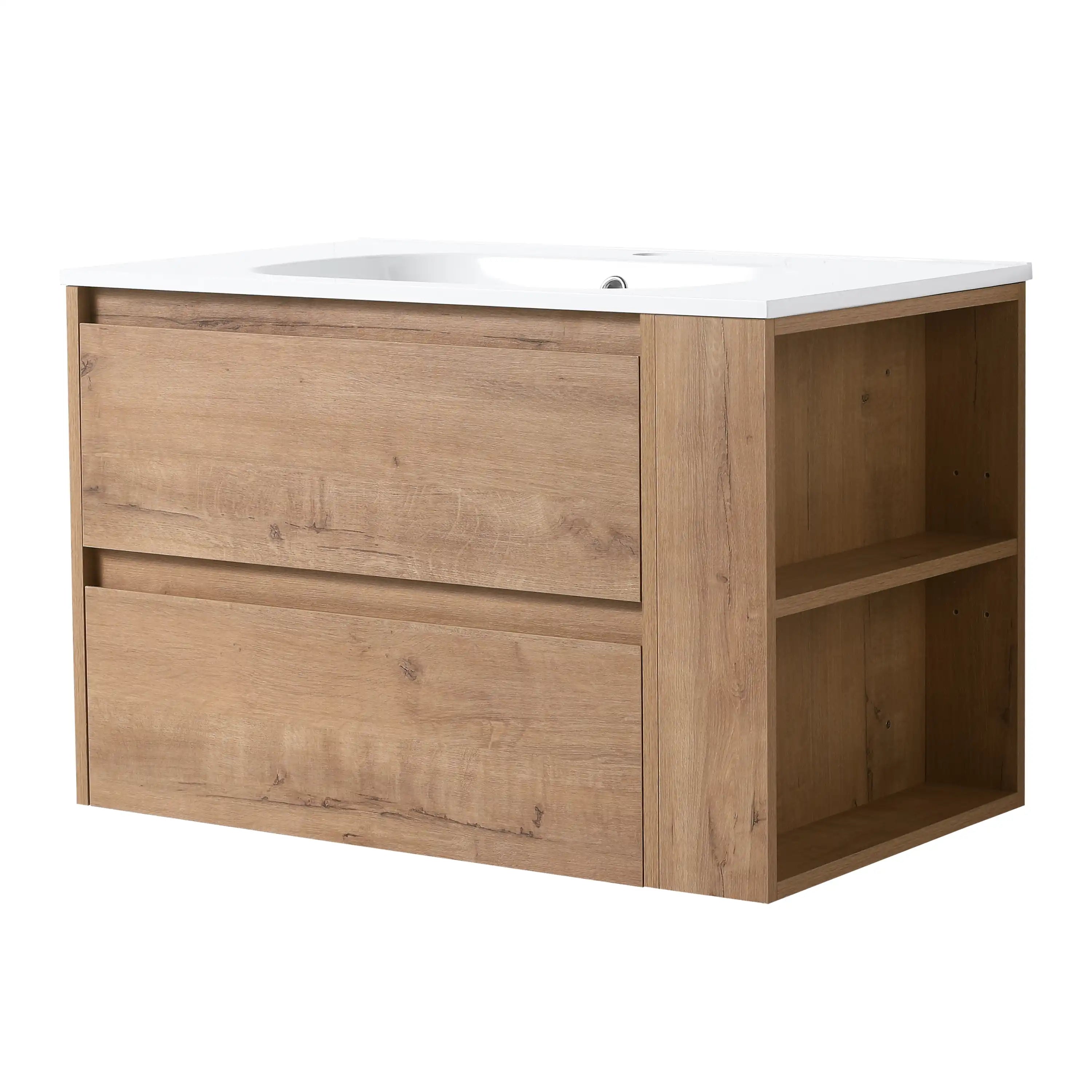 30" bathroom vanity in oak finish with side open shelves and modern wall-mounted design.
