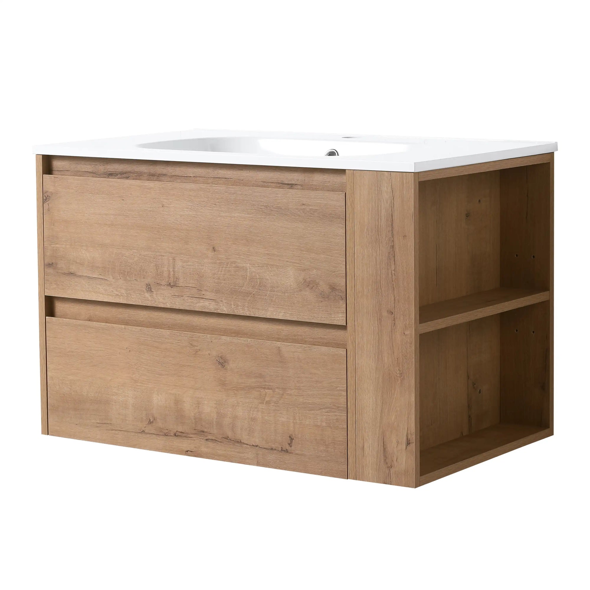 30" bathroom sink vanity with drawers in oak finish with side open shelves and modern wall-mounted design | Ace Decor