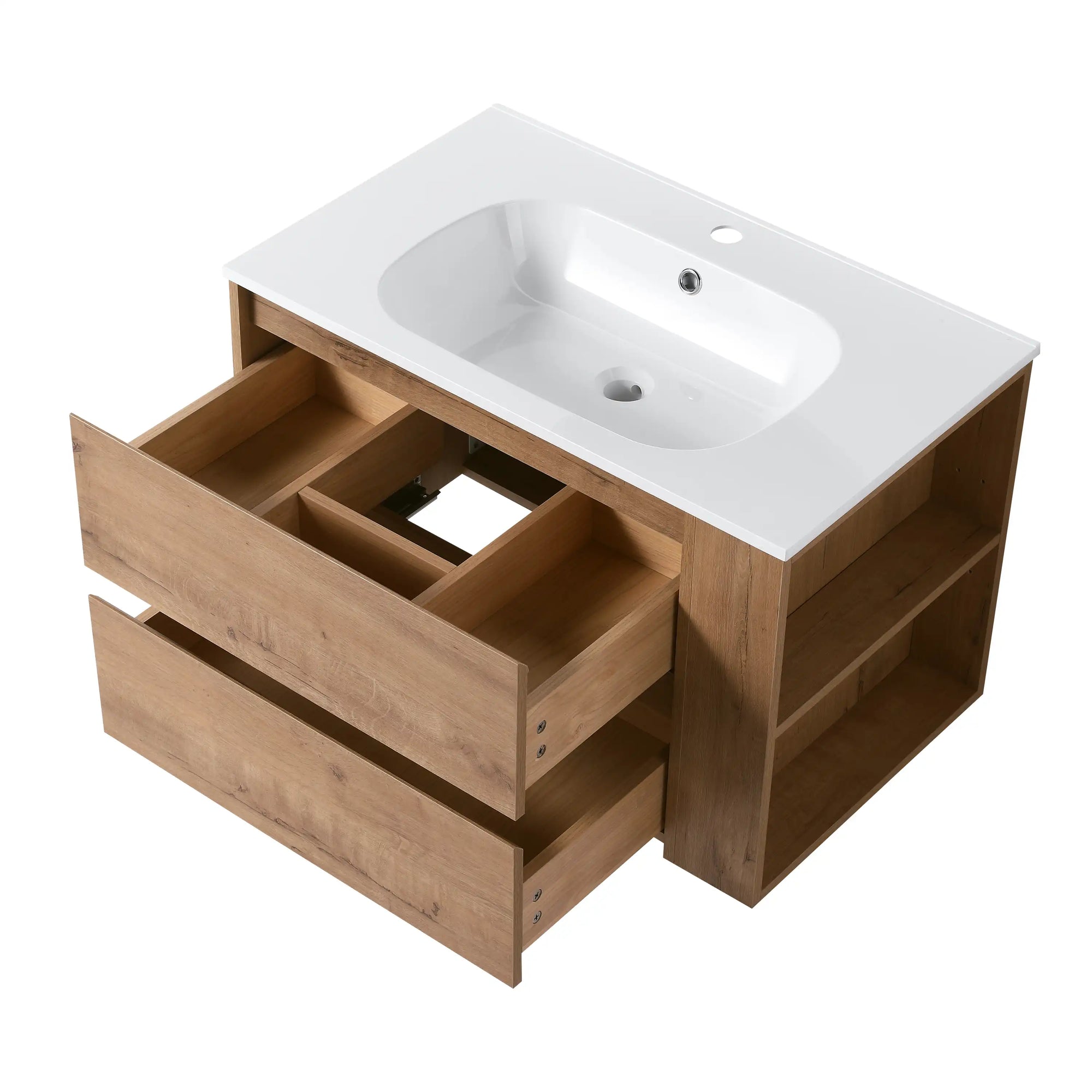 30" bathroom sink vanity with drawers showing organized storage layout with upper compartments and deep lower drawer | Ace Decor