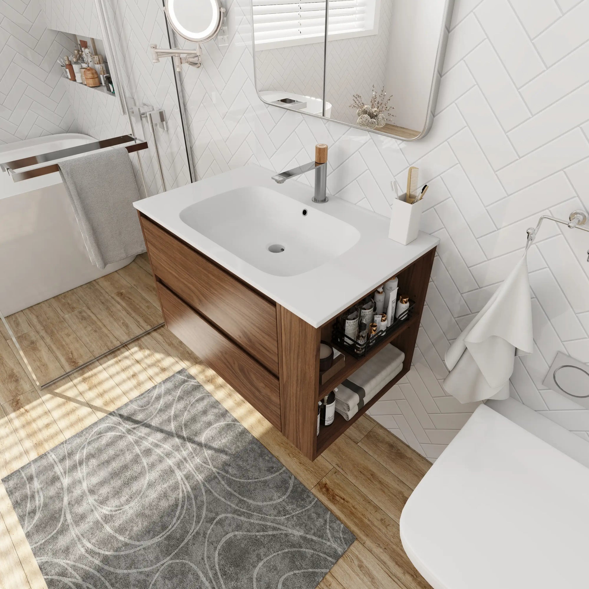 30" bathroom vanities brown wall-mounted vanity in modern bathroom setting | Ace Decor
