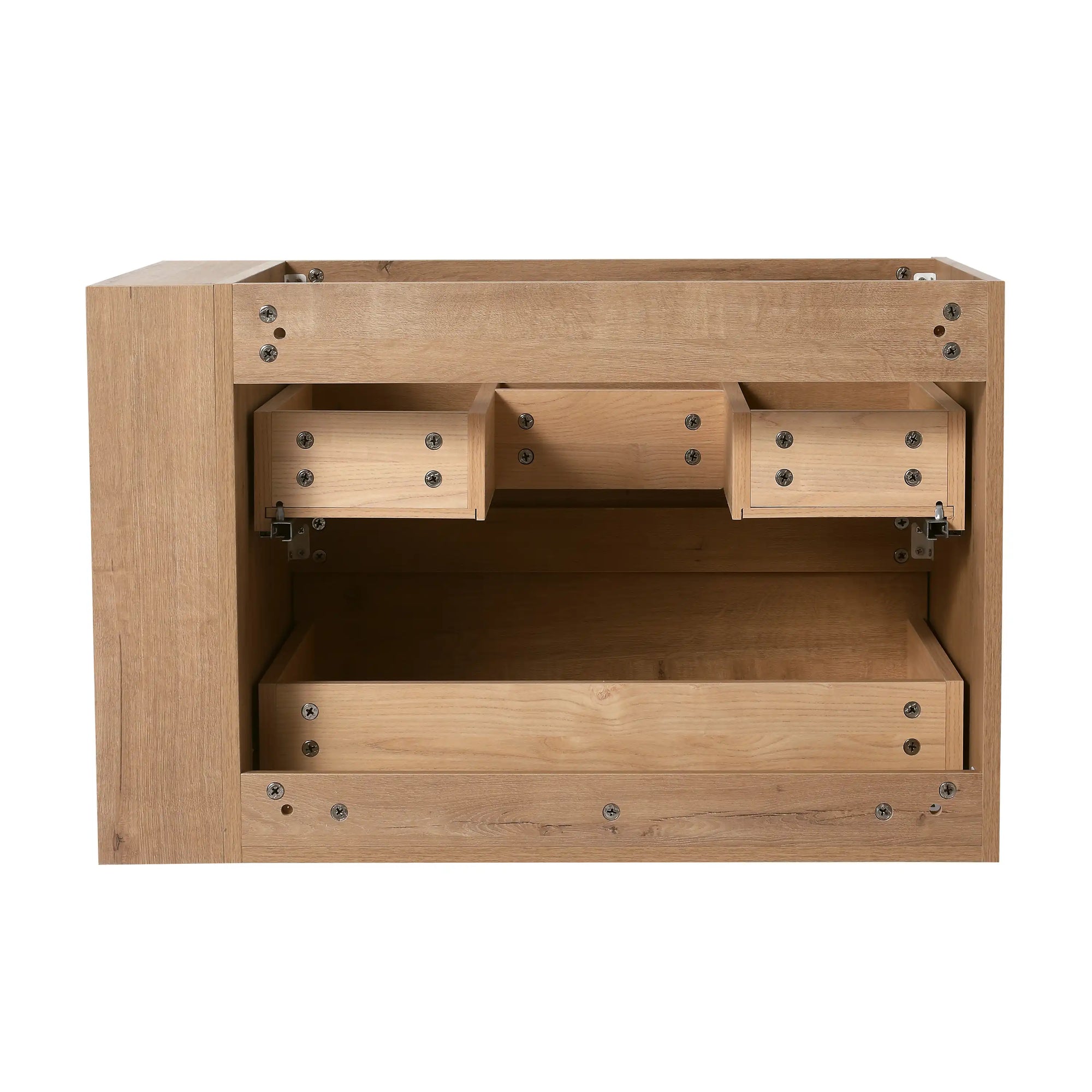 30" bathroom sink vanity with drawers showing interior drawer storage and cabinet structure in oak finish | Ace Decor