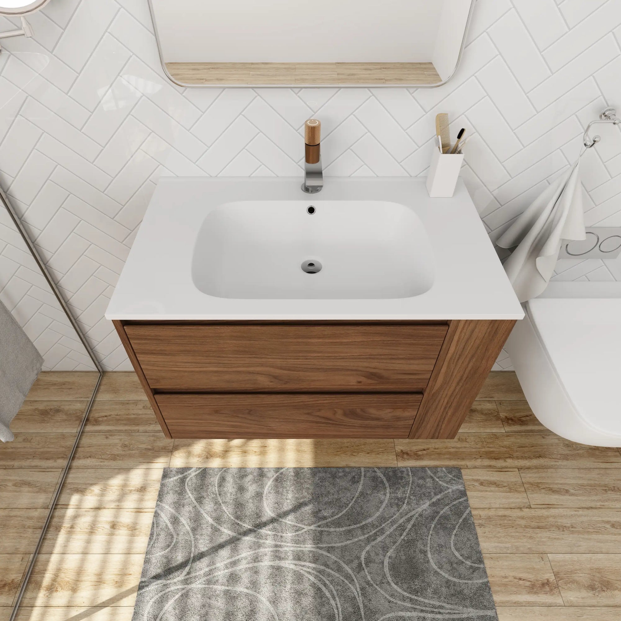 30" bathroom vanities brown wall-mounted vanity with integrated sink in modern bathroom | Ace Decor