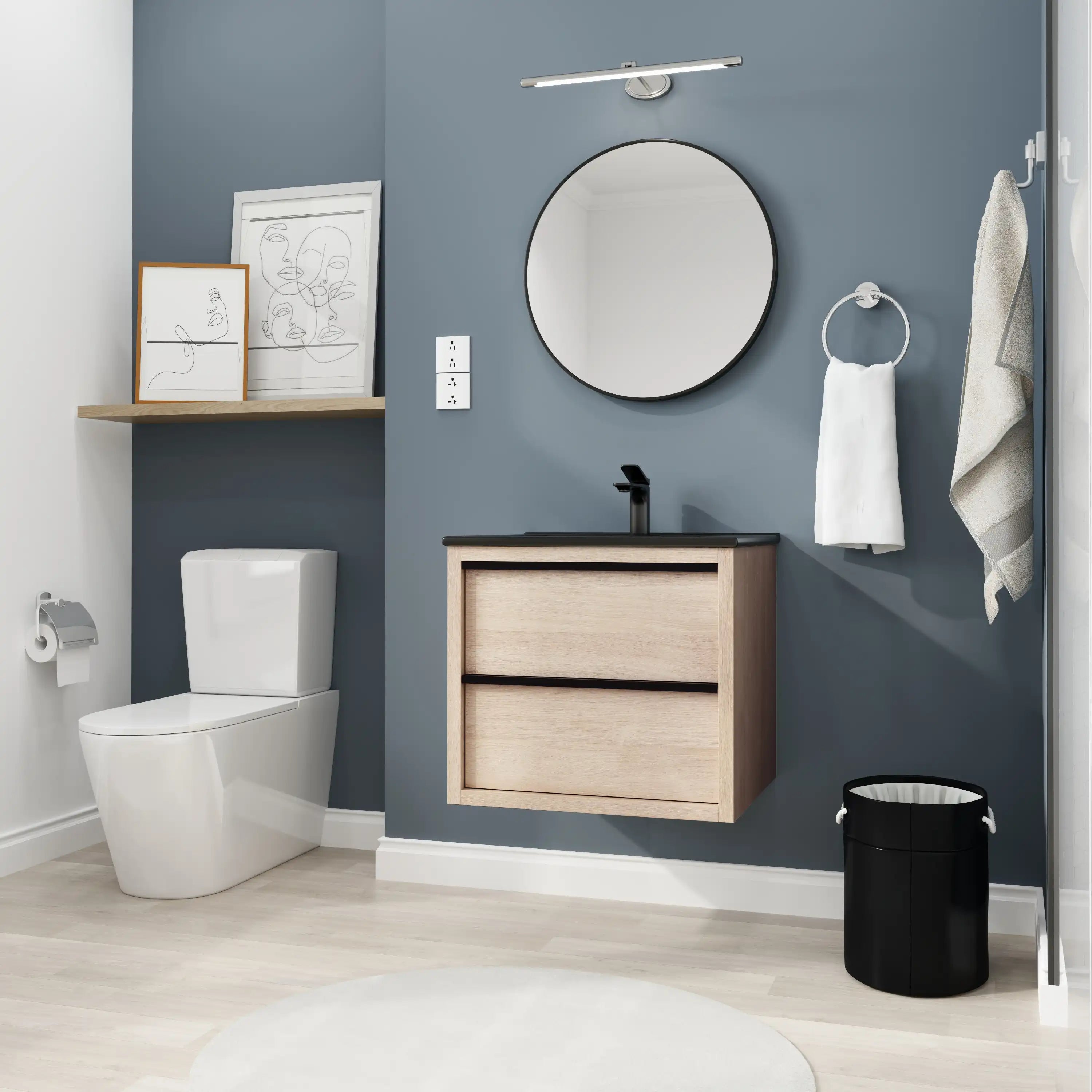 24" wall mounted bathroom vanity in light oak with black sink, styled in modern bathroom setting.