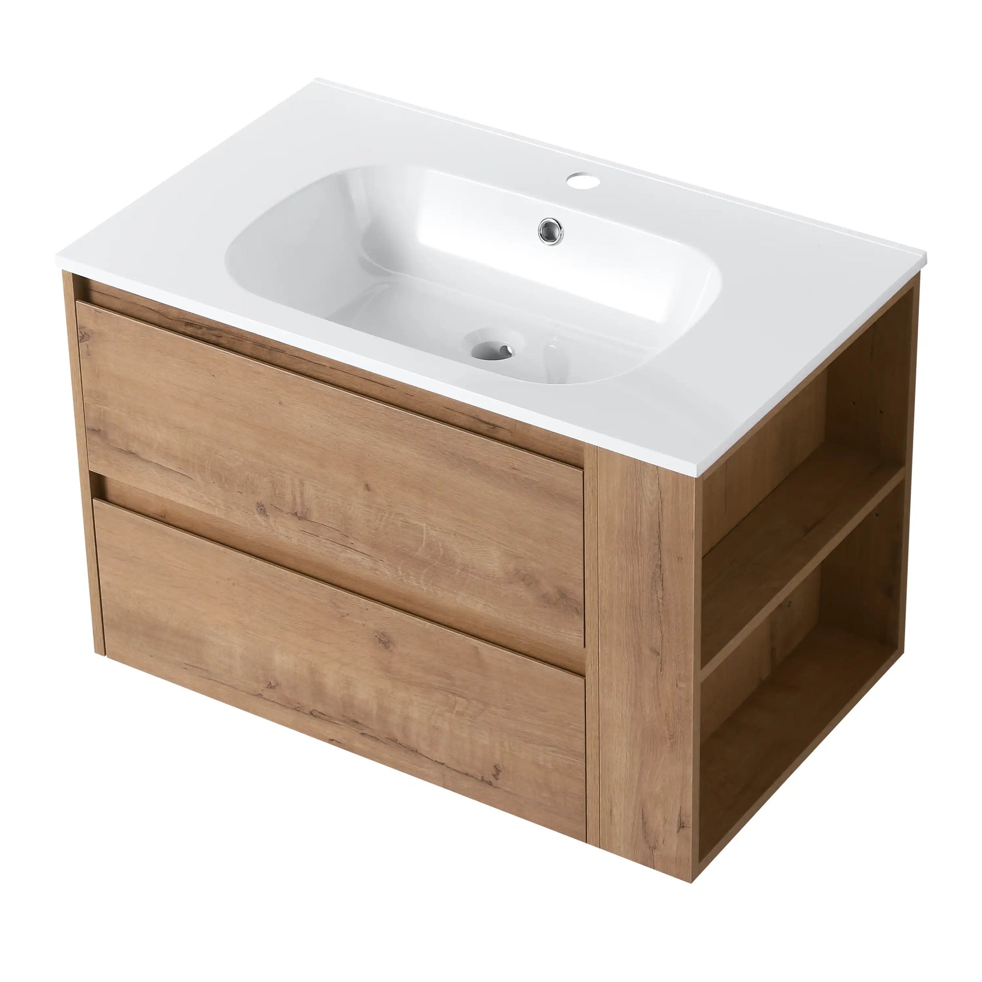 30" bathroom sink vanity with drawers in oak finish with side open shelves and wall-mounted design | Ace Decor