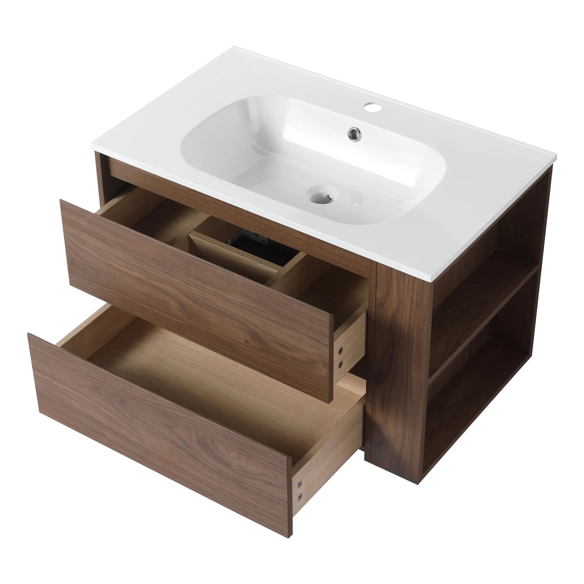 30" bathroom vanities brown floating vanity with double drawers and side shelves | Ace Decor