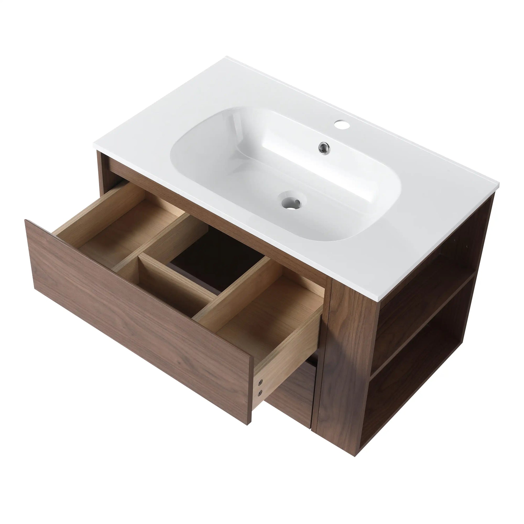 30" bathroom vanities brown with open drawer storage compartments and ceramic sink | Ace Decor