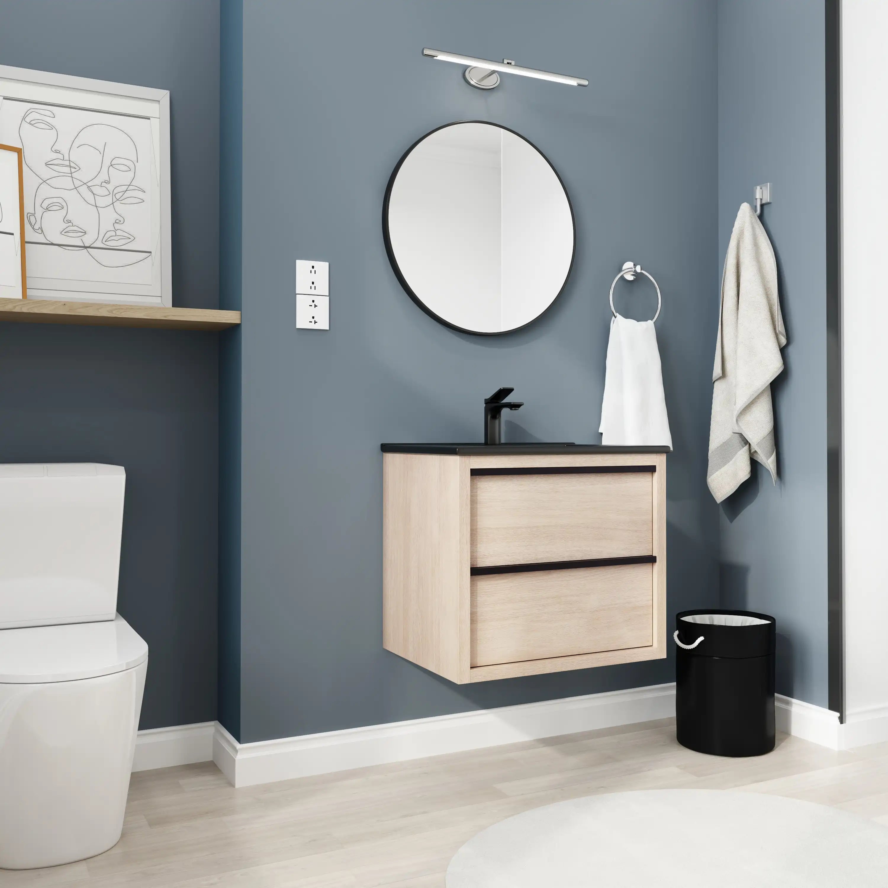 24" wall mounted bathroom vanity side angle view with black ceramic sink and floating design.