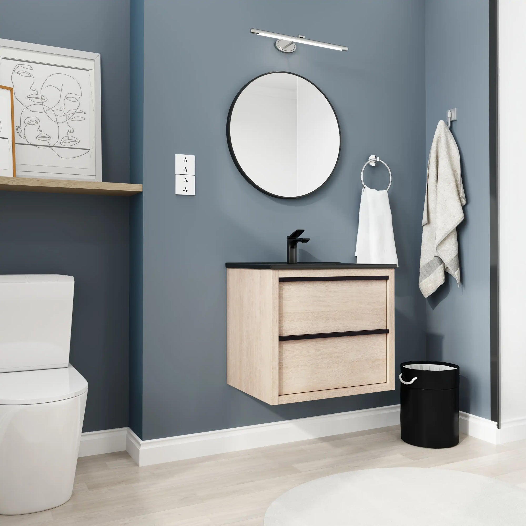 24" wall mounted bathroom vanity side angle view with black ceramic sink and floating design | Ace Decor
