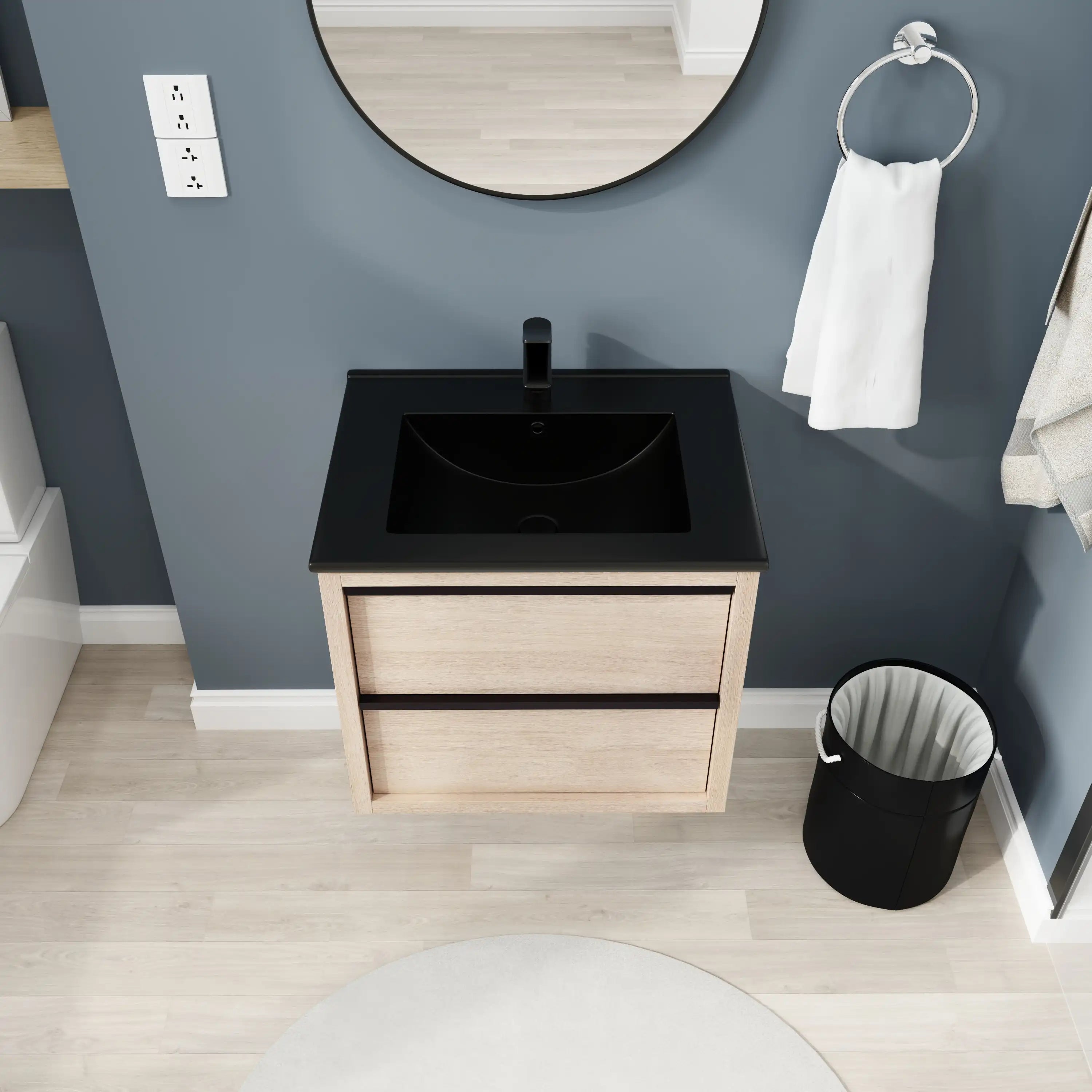 24" wall mounted bathroom vanity front top view with integrated black sink and light oak cabinet.