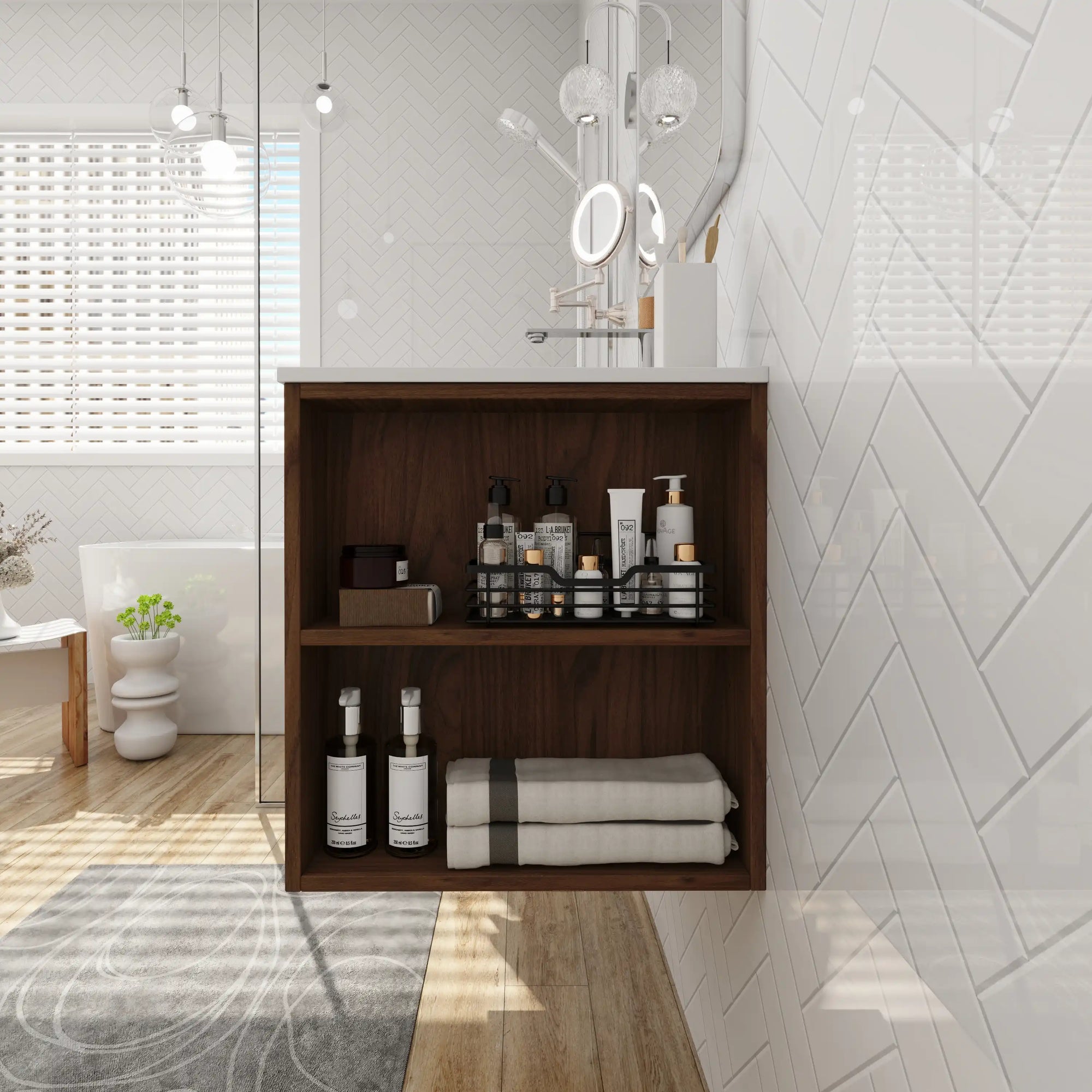30" bathroom vanities brown floating vanity with open side shelves storage | Ace Decor