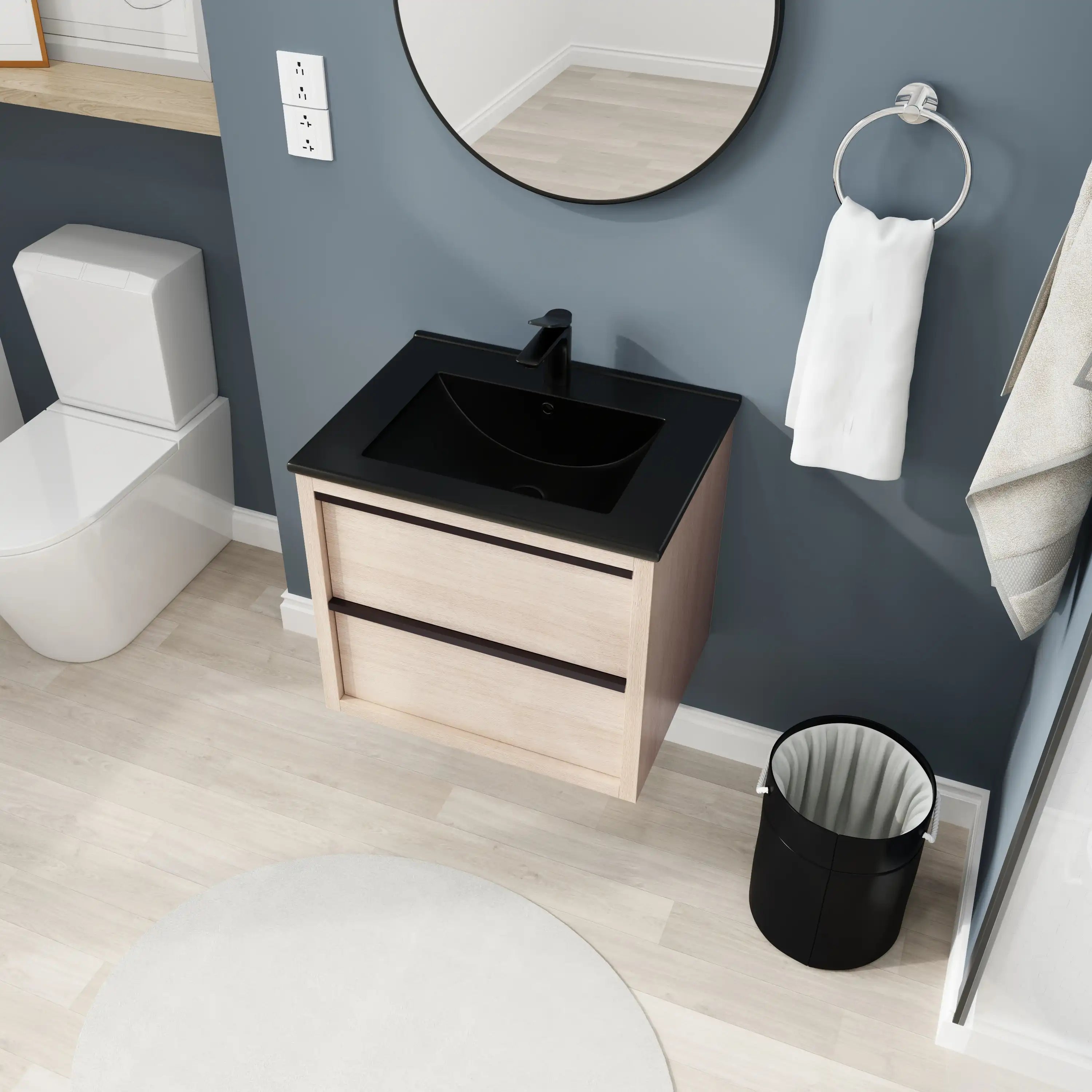 24" wall mounted bathroom vanity top view showing black sink and two-drawer layout.