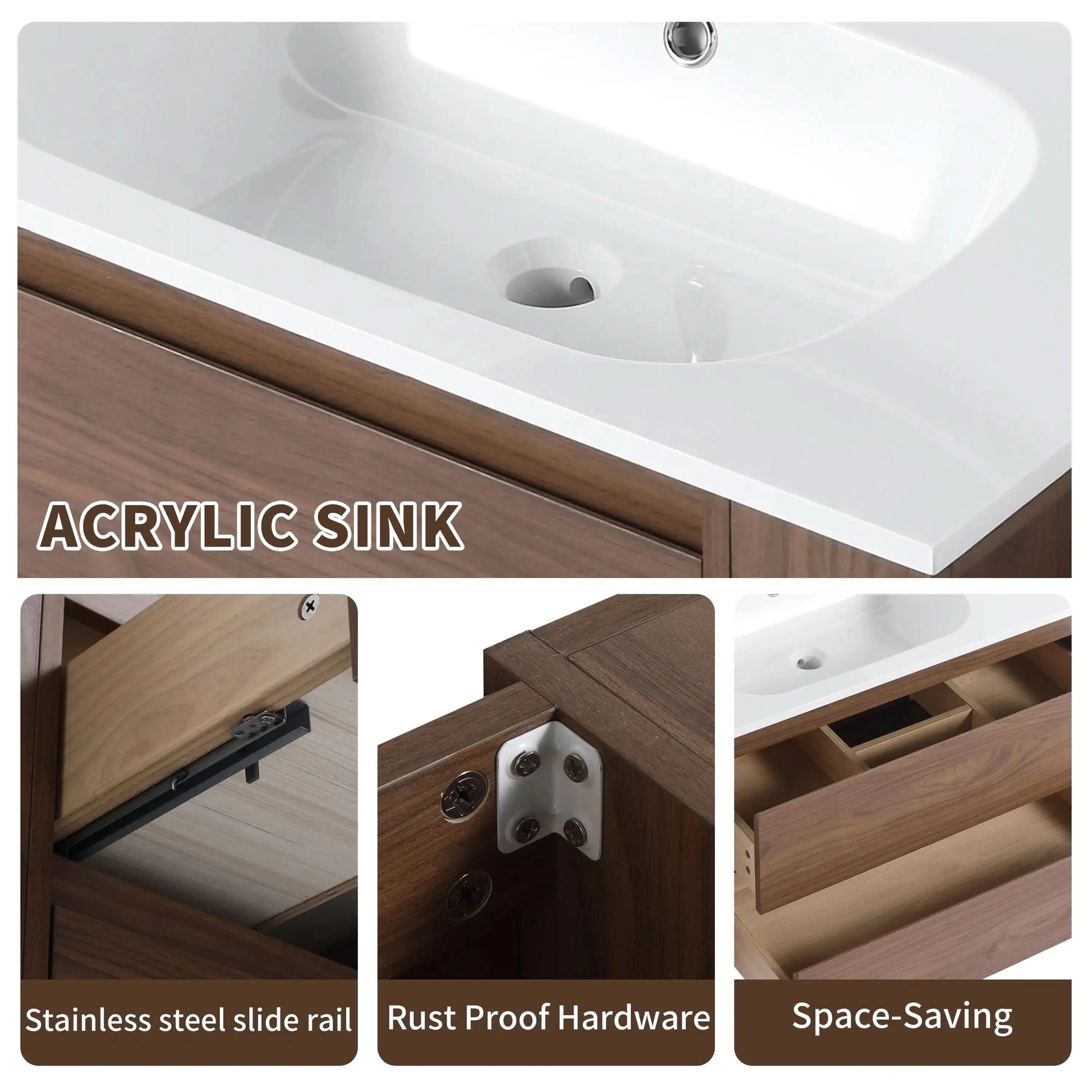 Wall-Mounted Bathroom Vanity with Gel Sink & Soft Close Drawers color: Brown Oak