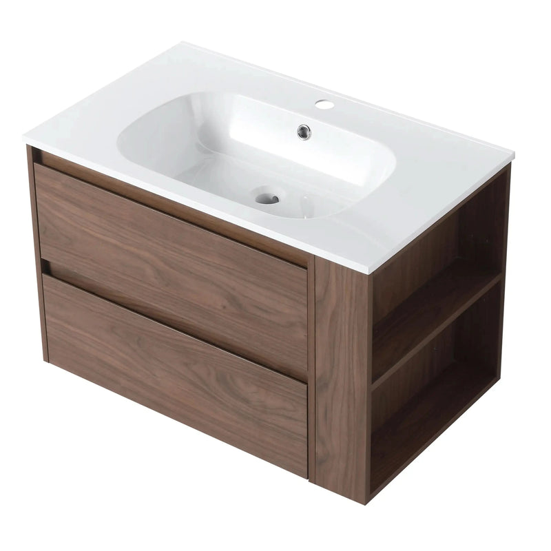 30" & 36" Brown Oak Wall-Mounted Bathroom Vanity with Sink - 2 Drawers & Side Shelves