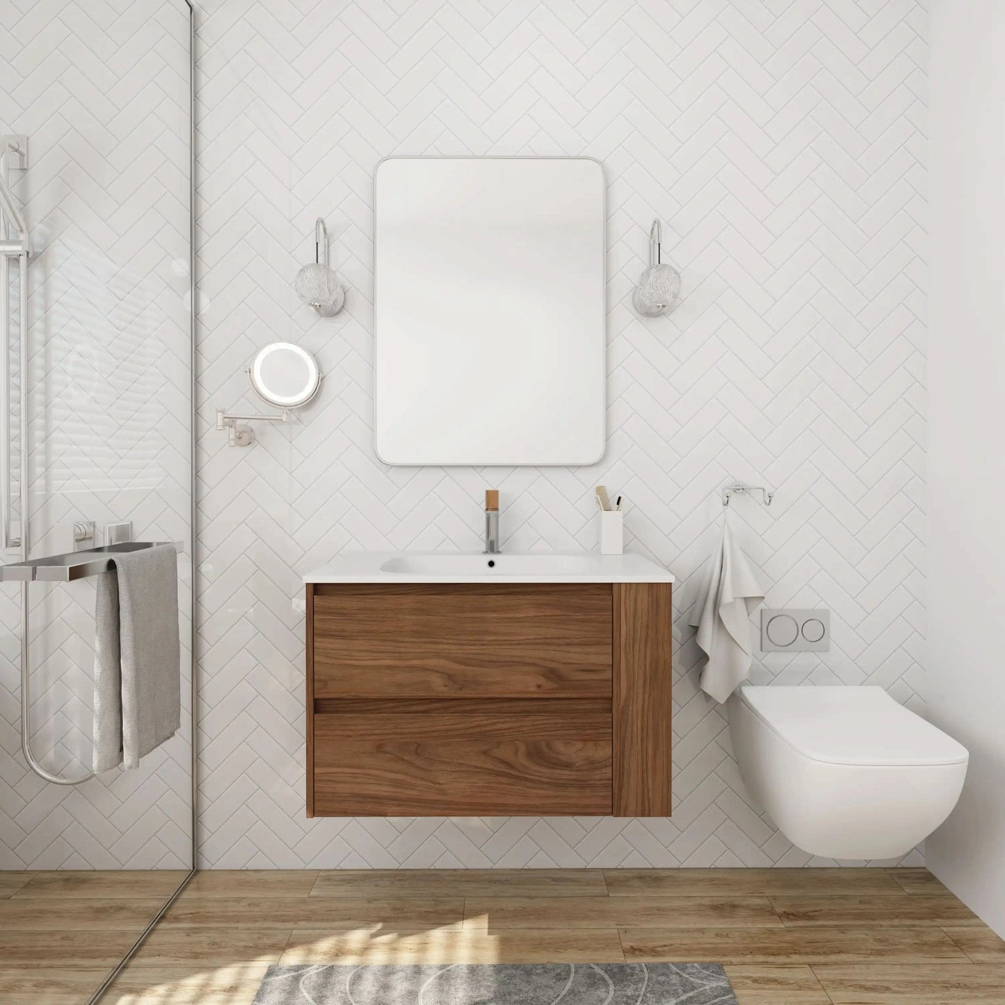 Wall-Mounted Bathroom Vanity with Gel Sink & Soft Close Drawers color: Brown Oak