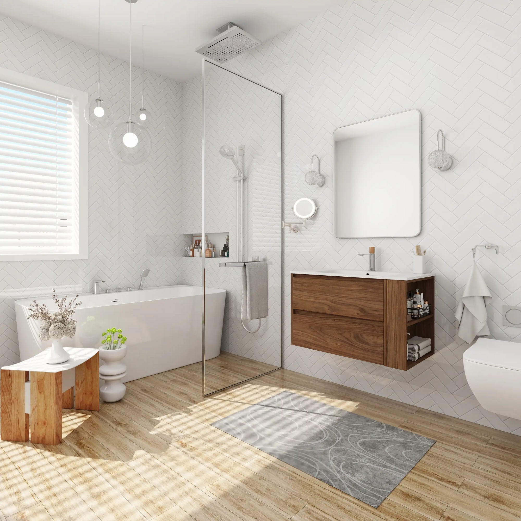 30" bathroom vanities brown floating vanity in modern white tile bathroom | Ace Decor
