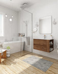 30" bathroom vanities brown floating vanity in modern white tile bathroom | Ace Decor