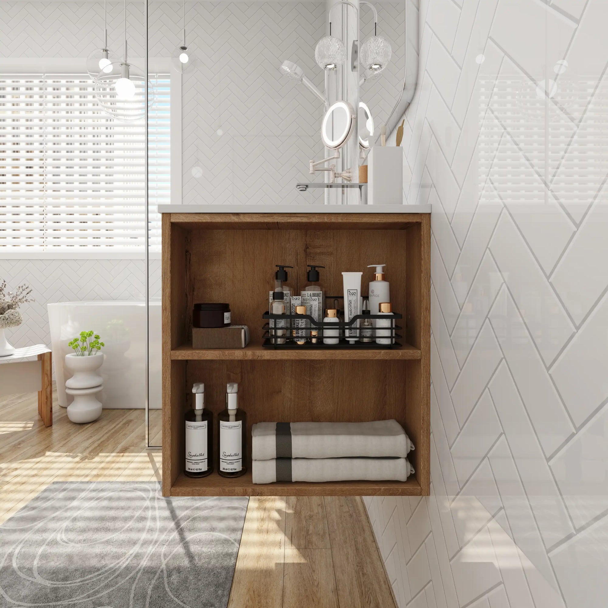 30" bathroom sink vanity with drawers featuring open shelf storage and wall-mounted design in modern bathroom setting | Ace Decor