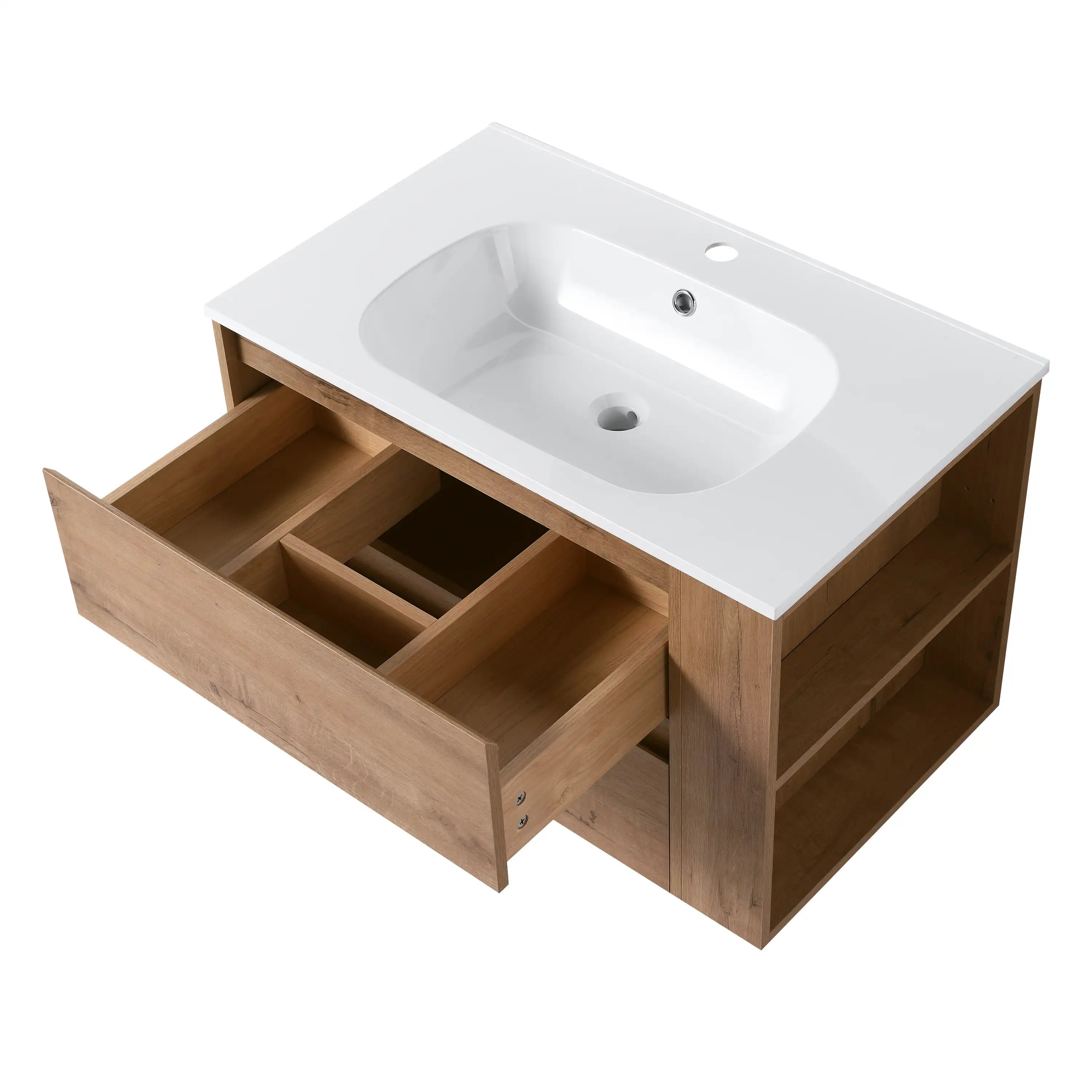30’‘ & 36’‘ Brown Oak Wall-Mounted Bathroom Vanity with Gel Sink - 2 Drawers & Shelves