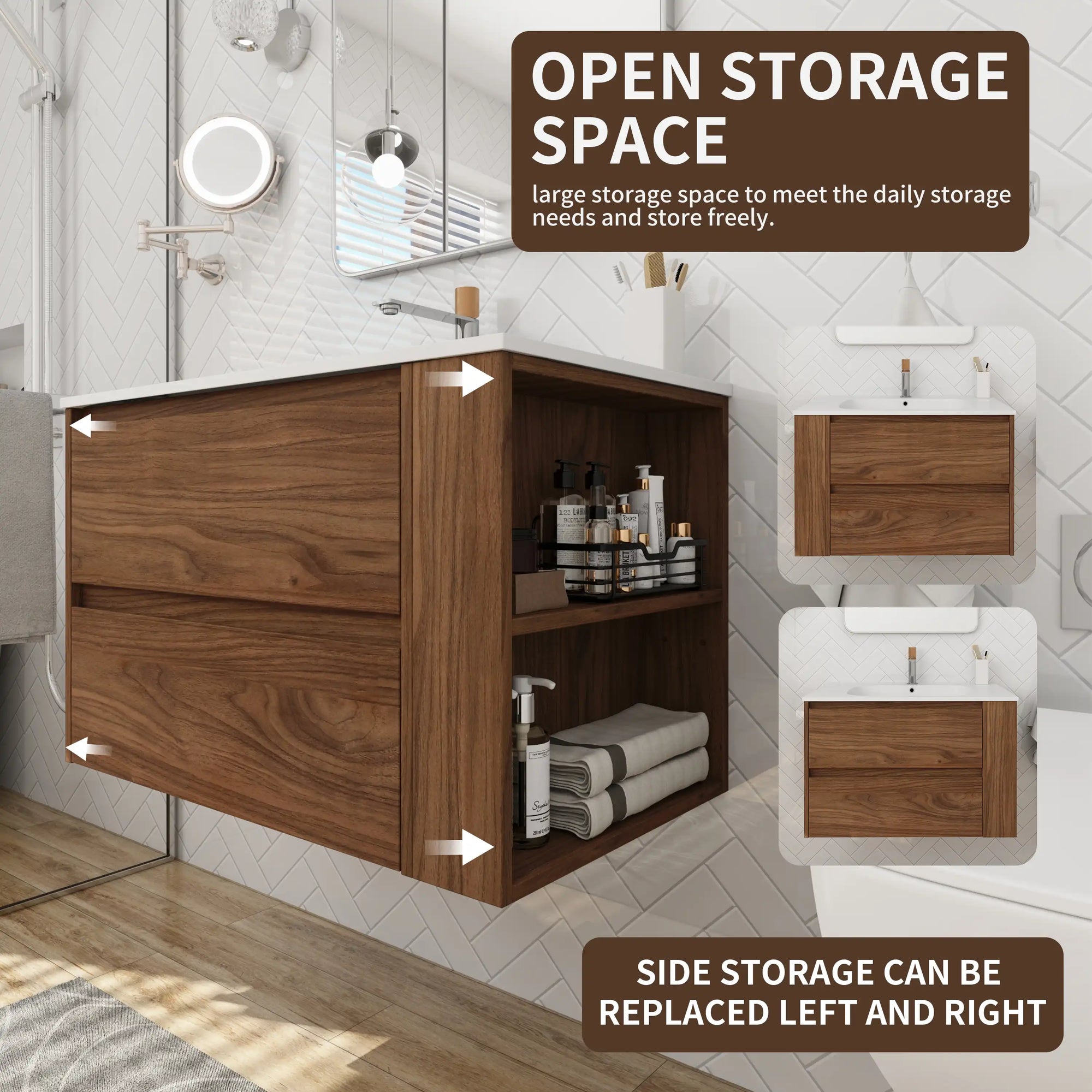 30" bathroom vanities brown wall-mounted vanity with open side storage design | Ace Decor