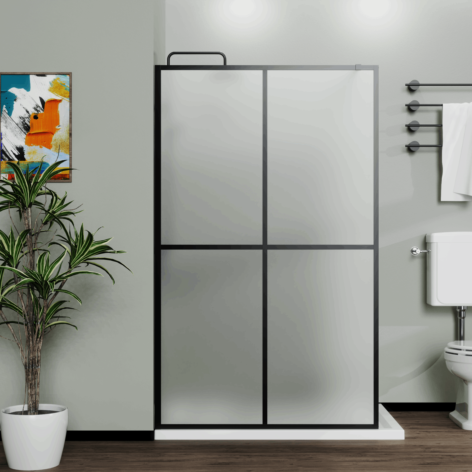 Shower Door Framed Walk-in Frosted glass 4-Divided color:matte black