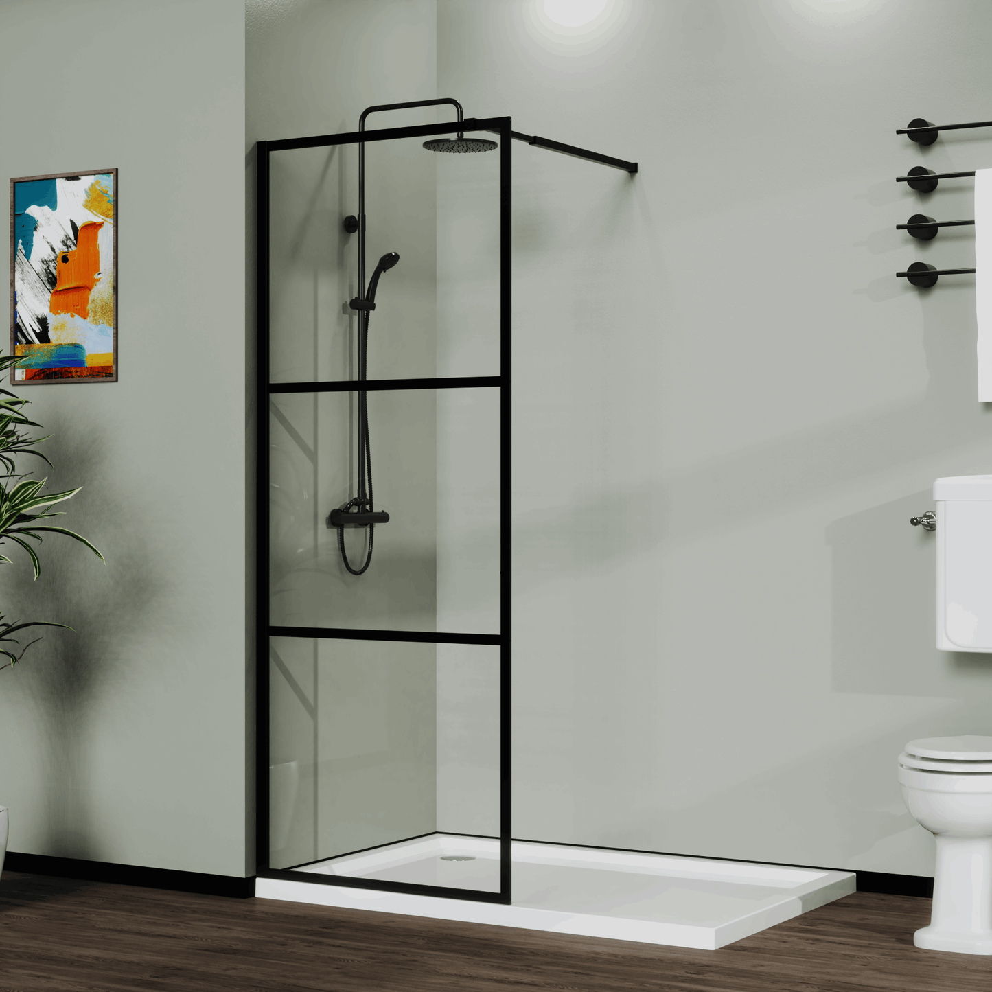 Shower Door Framed 3-Divided Walk-in color:Matte Black