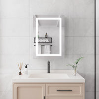Orren 20 x 28 inch smart LED medicine cabinet installed above vanity in modern bathroom, illuminated mirror front.