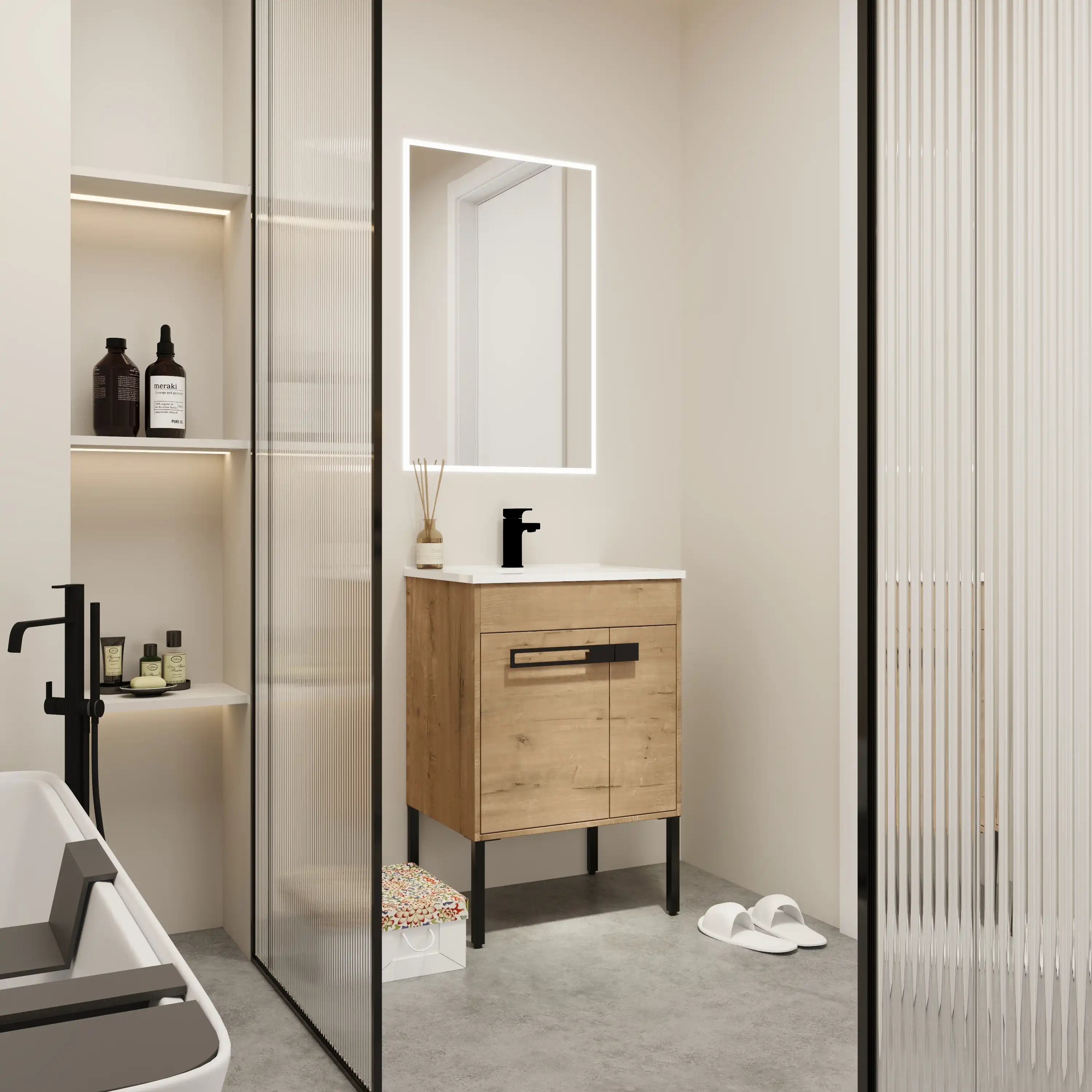 24" freestanding bathroom vanity with sink styled in a modern bathroom setting for space-saving design.
