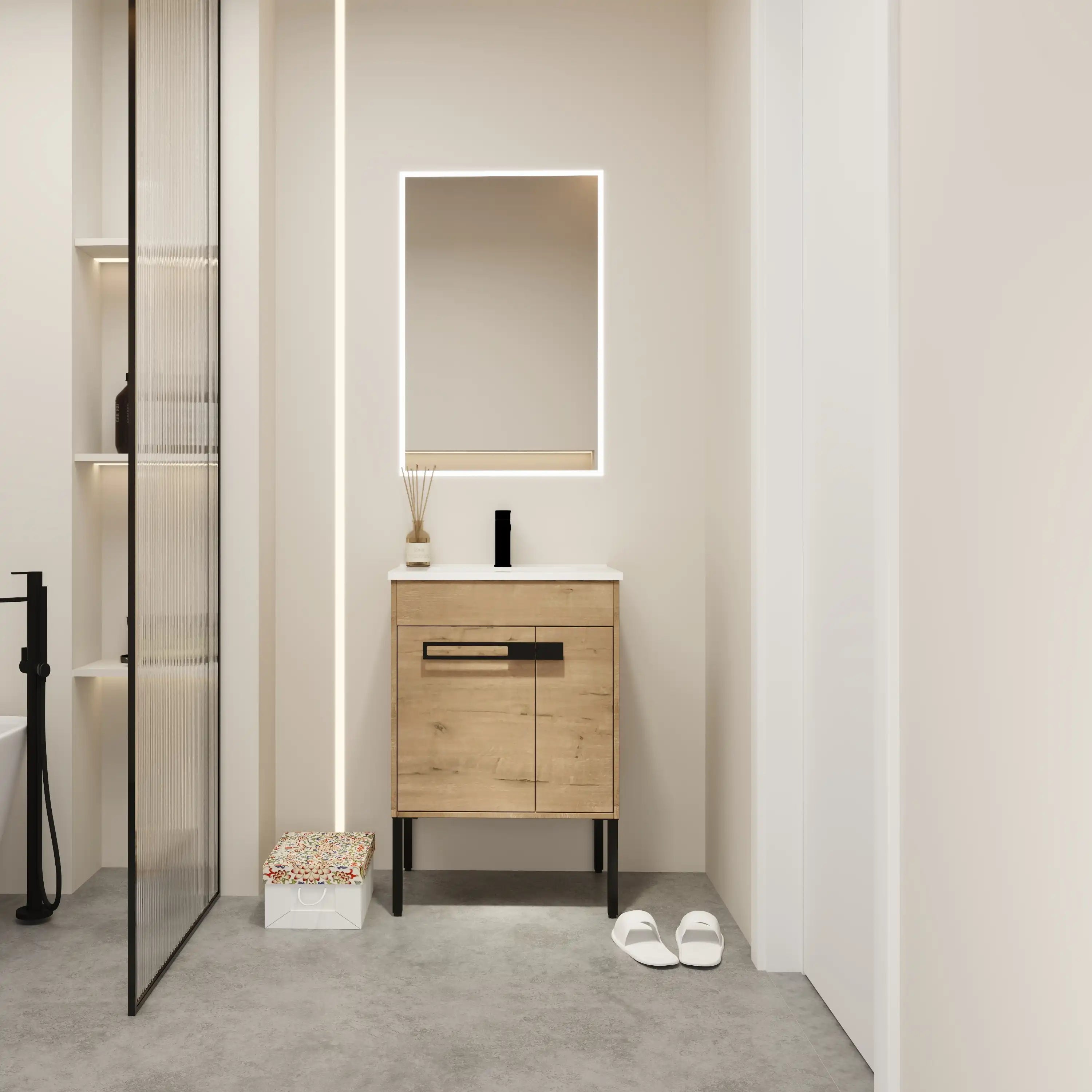 24" freestanding bathroom vanity with sink shown front-facing in a minimalist bathroom layout.
