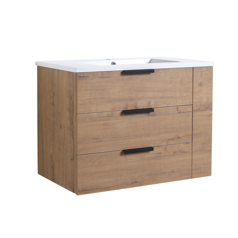 30" Imitative Oak Wall-Mounted Bathroom Vanity with Sink, Soft-Close Drawer & Side Shelf