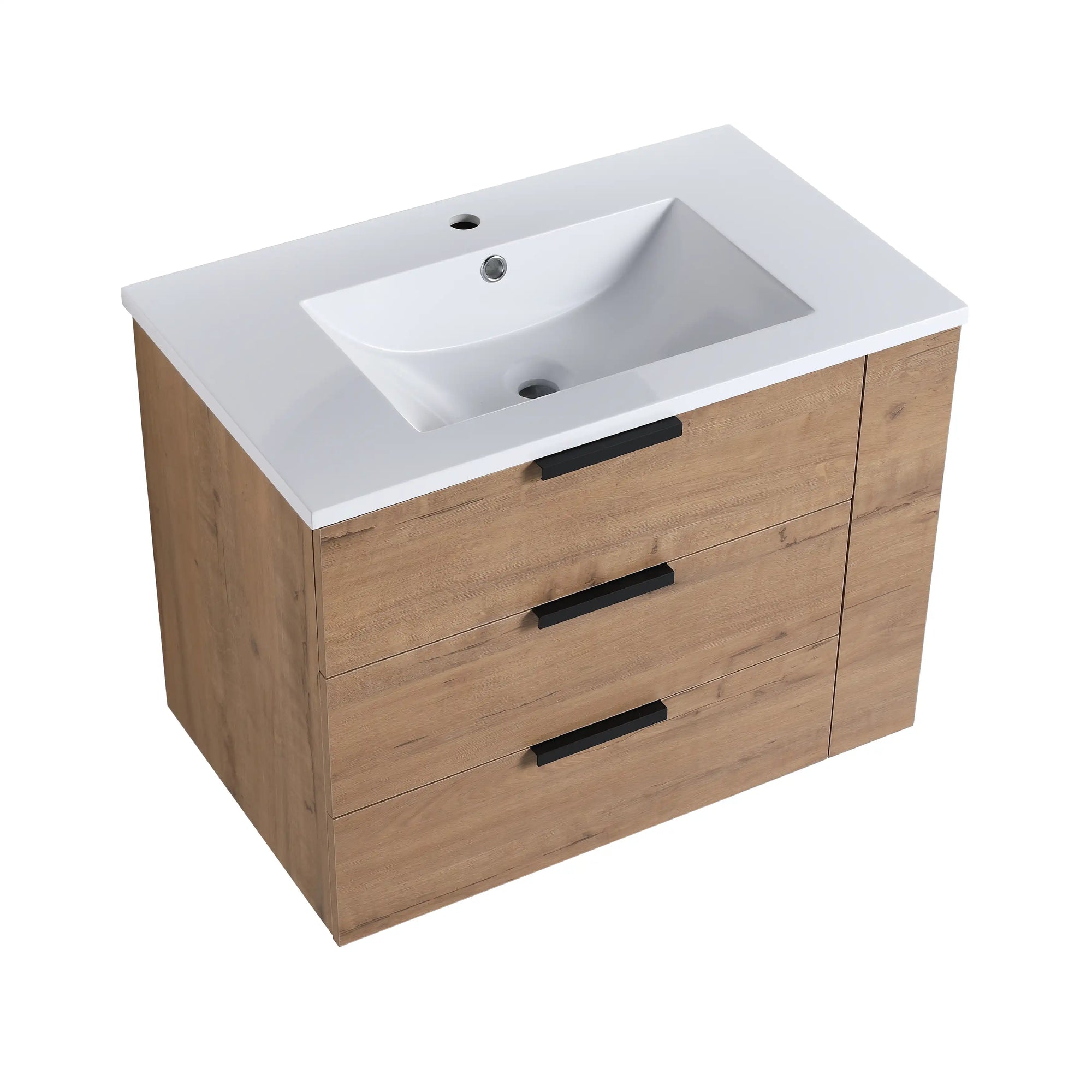 30" small bathroom vanity with drawers showing integrated resin sink and modern natural oak finish | Ace Decor