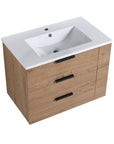 30" small bathroom vanity with drawers showing integrated resin sink and modern natural oak finish | Ace Decor