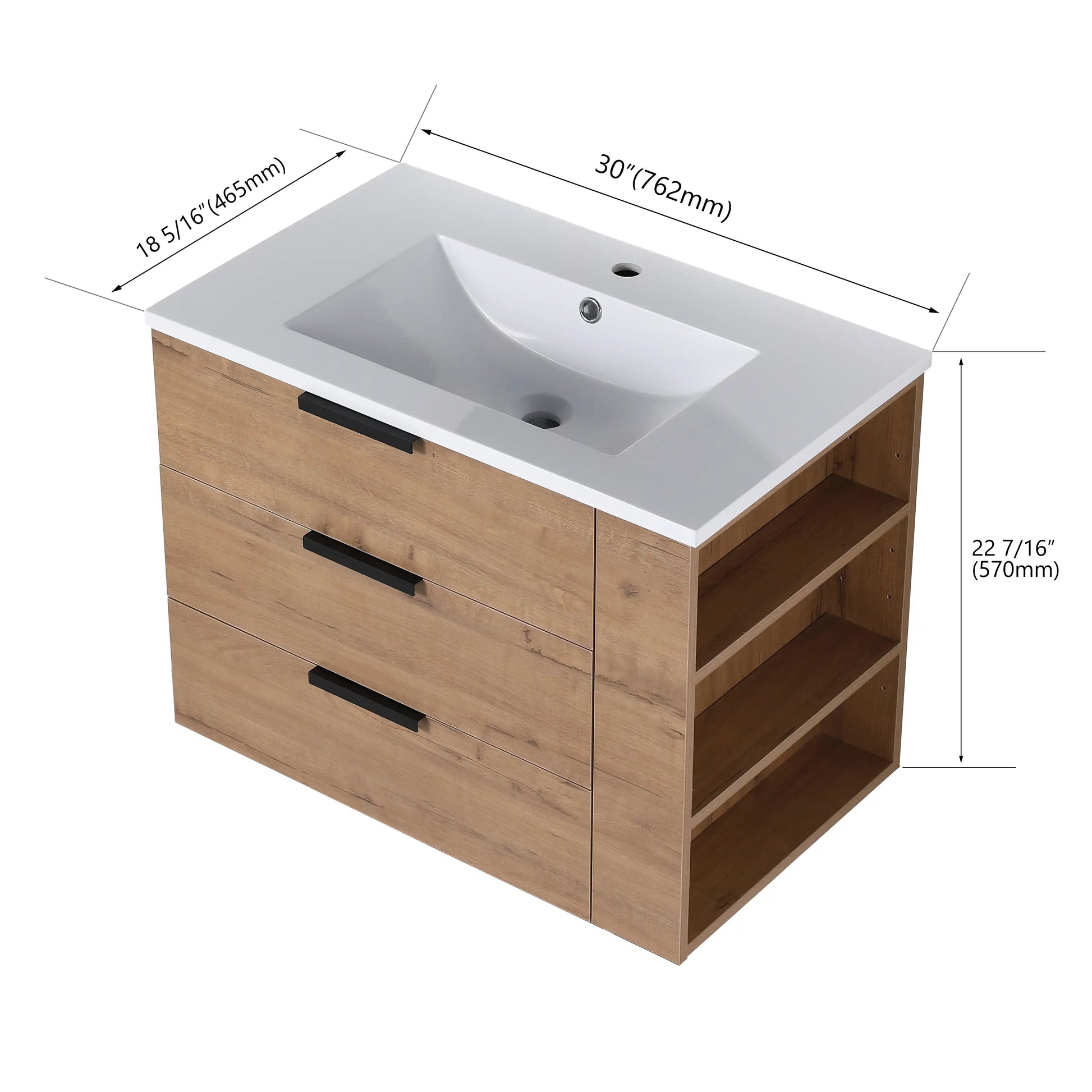 30" Wall-Mounted Bathroom Vanity with Sink, Soft-Close Drawer & Side Shelf color: Imitative Oak