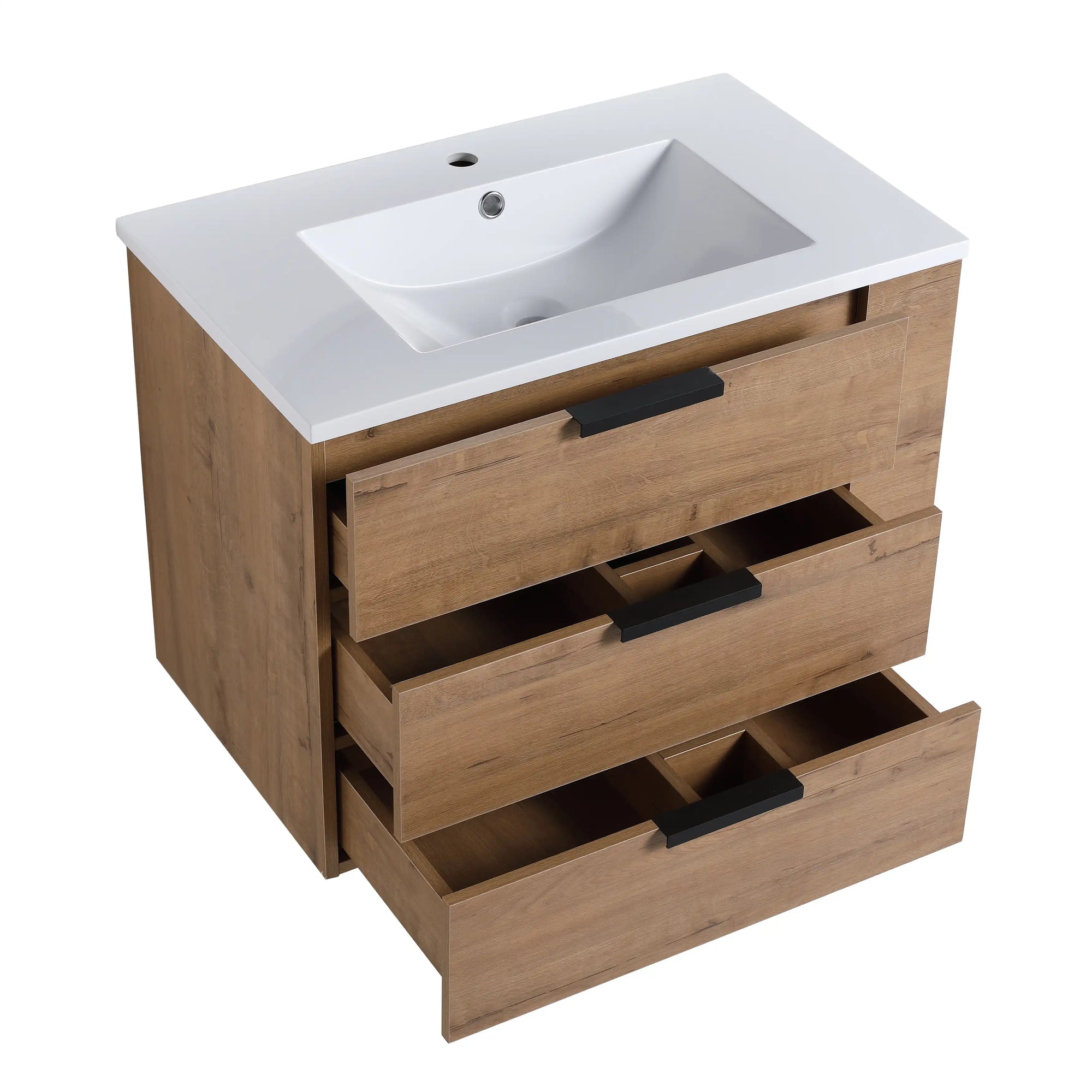 30" small bathroom vanity with drawers showing three spacious pull-out drawers for organized storage | Ace Decor